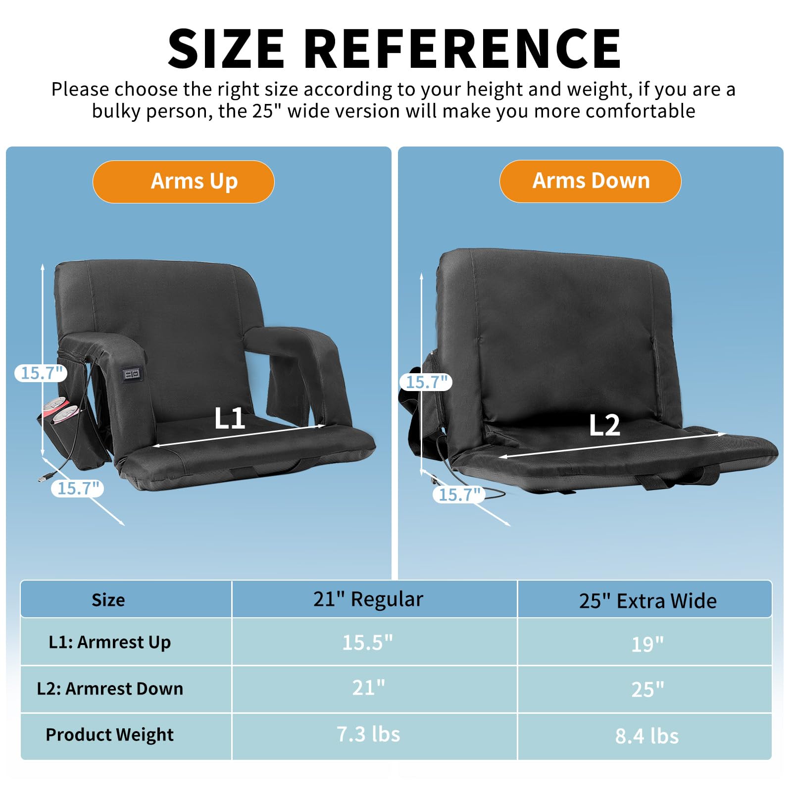NAIZEA Heated Stadium Seat Bleacher Seat with Back & Arm Support, Portable 6 Reclinng Positions Stadium Seating for Bleachers, Bleacher Seats for Sports Events, Outing(Power is Not Included)