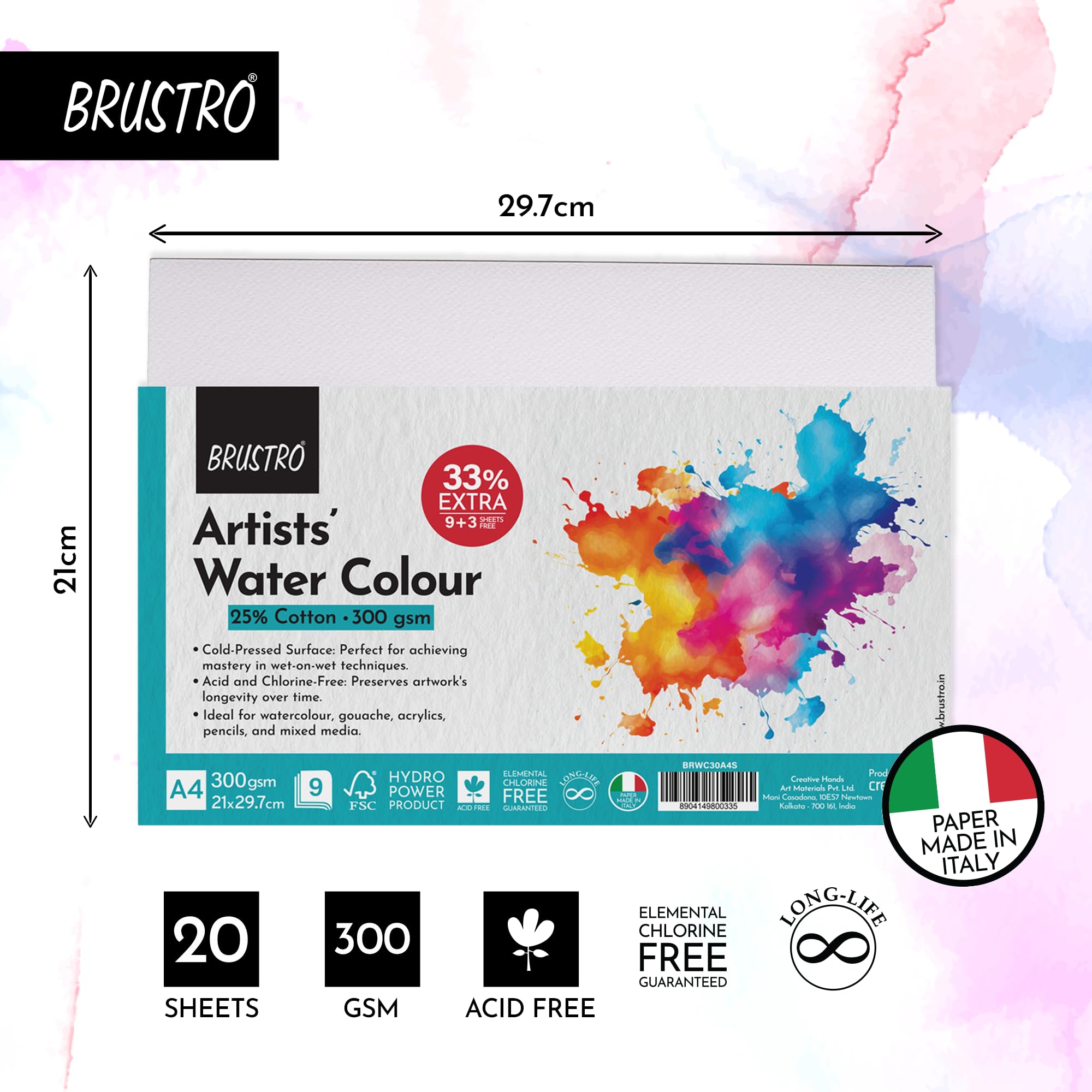 BRUSTRO Artists 25% Cotton Watercolour Paper| 300 GSM,Size A4, Cold Pressed | Pack of 12 Sheets | Ideal for Artist, Professional Drawing, Painting Dry & Wet, Fine Arts Students — Amazon image 2