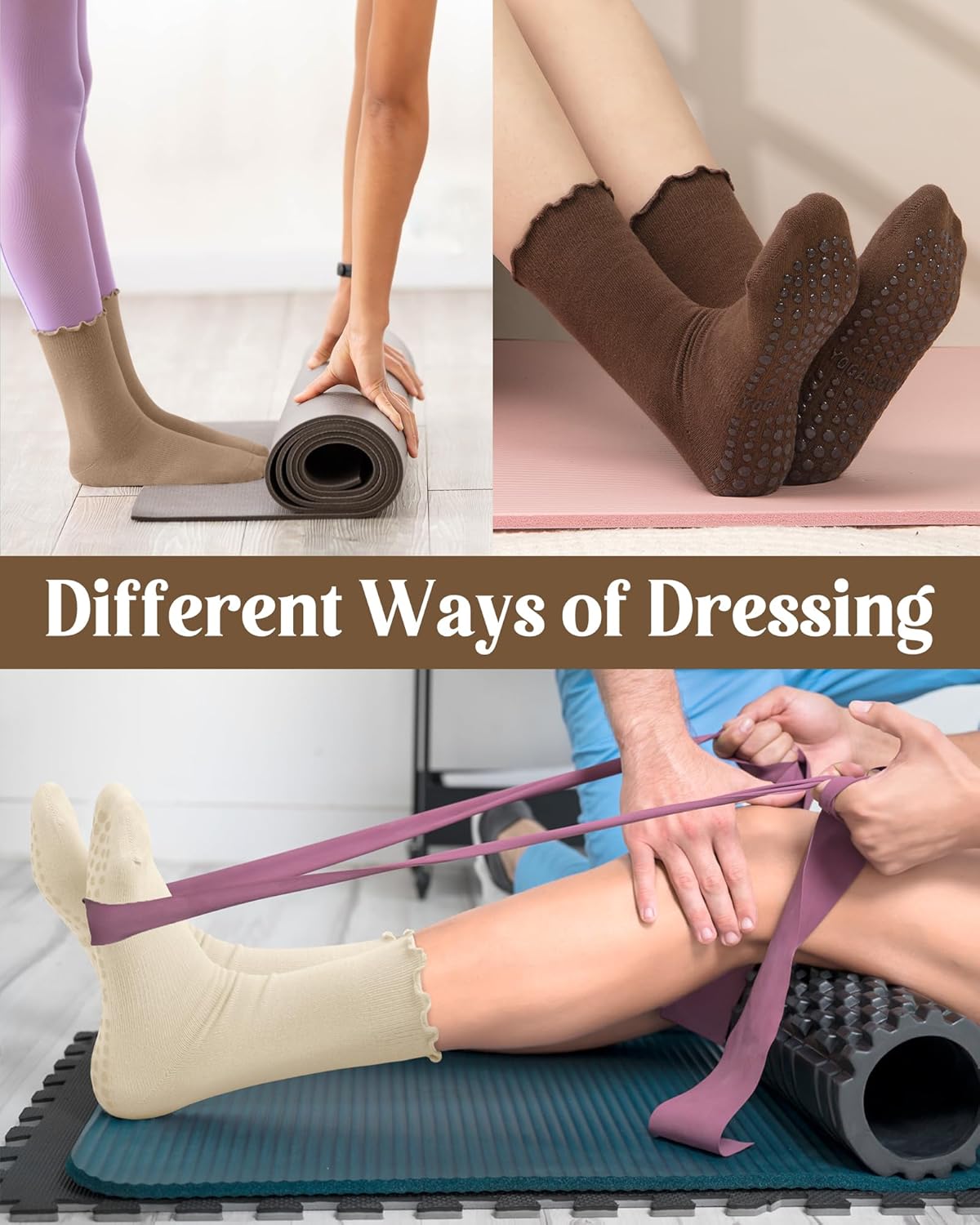 5 Pairs Pilates Yoga Socks with Grips for Women, Cute Cotton Ruffle Frilly Cuff Non Slip Grippy Athletic Crew Socks - Image 2