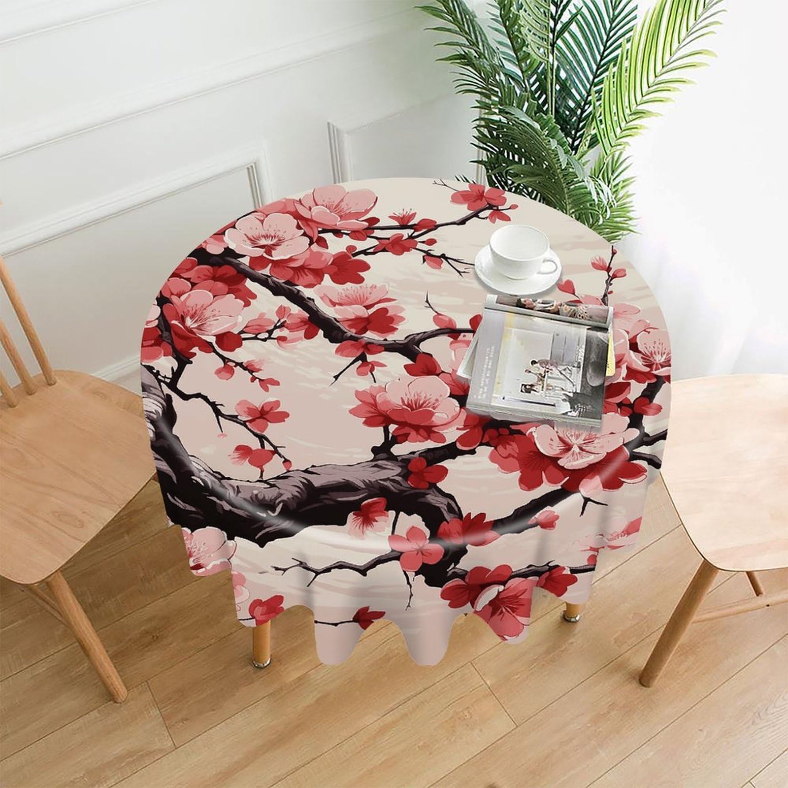 VstaDank Japanese Floral Cherry Blossom Tablecloth Easy to Clean Polyester Round Table Cover Washable Round Table Cloth Wrinkle-Free Circle Decoration Tablecloth for Kitchen Dining Room 60"