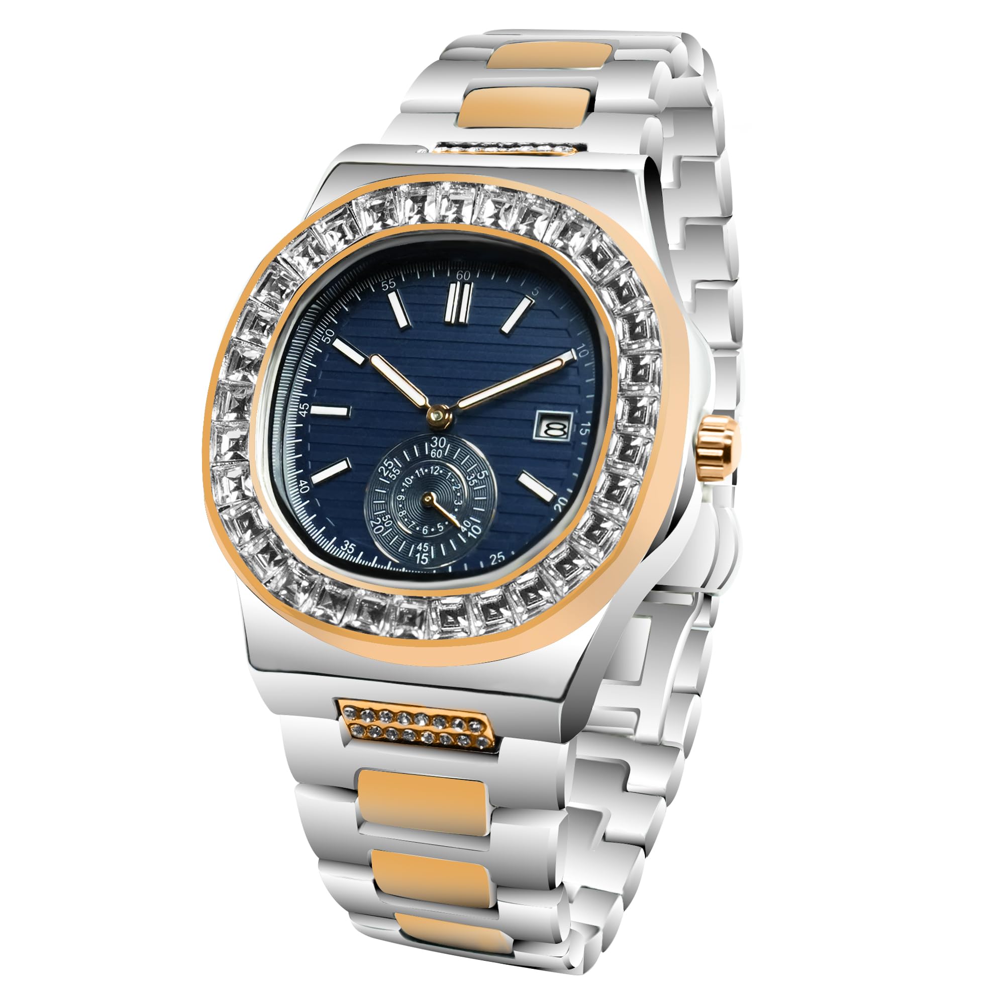 BARAMONWrist Watches for Men, Nautilus Stainless Steel Quartz Movement Date Luxury Diamond Style Men's Luminous Hands Casual Business Watches