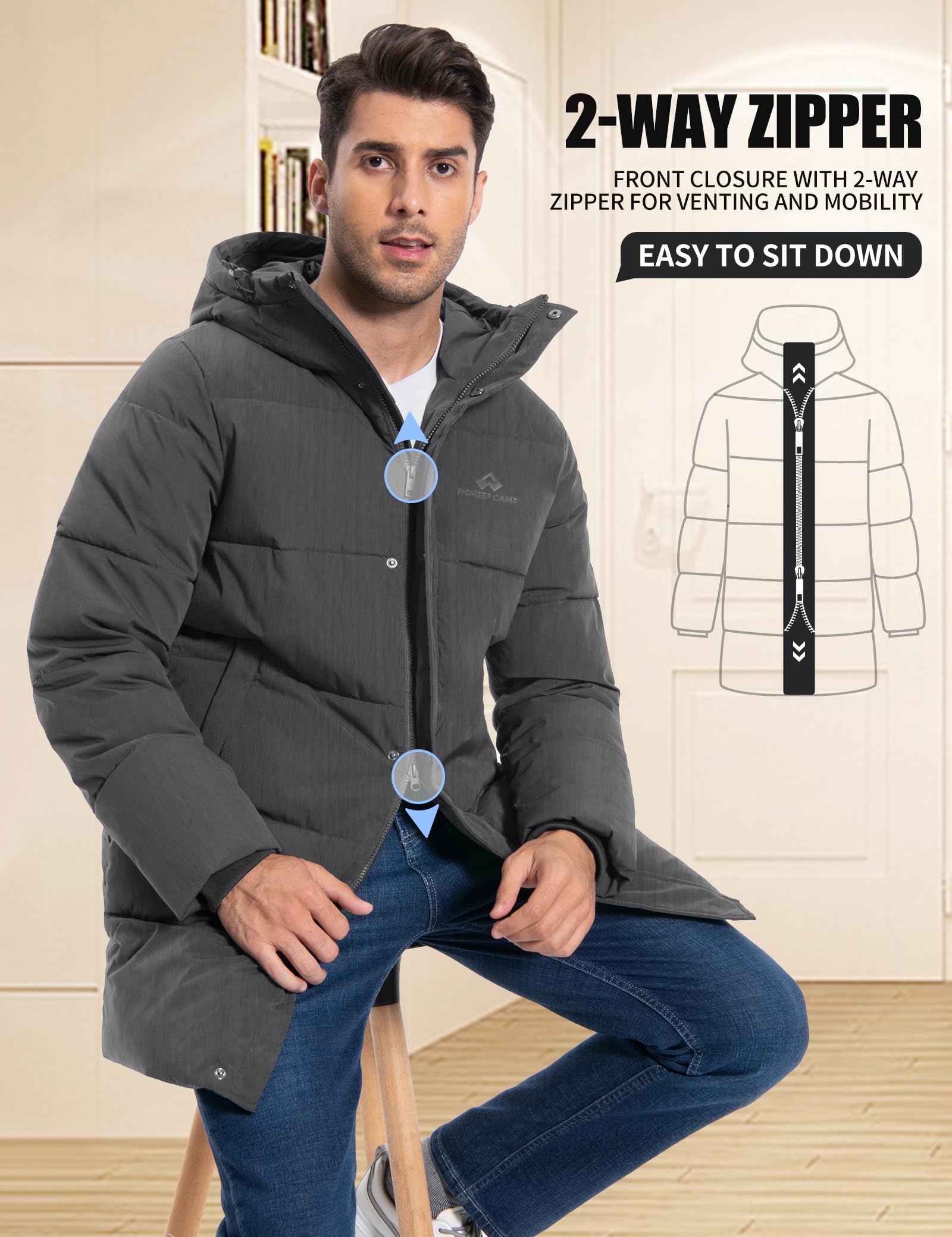 Pioneer Camp Cappotto invernale lungo da uomo, con cappuccio, impermeabile, isolante, piumino, caldo, piumino parka