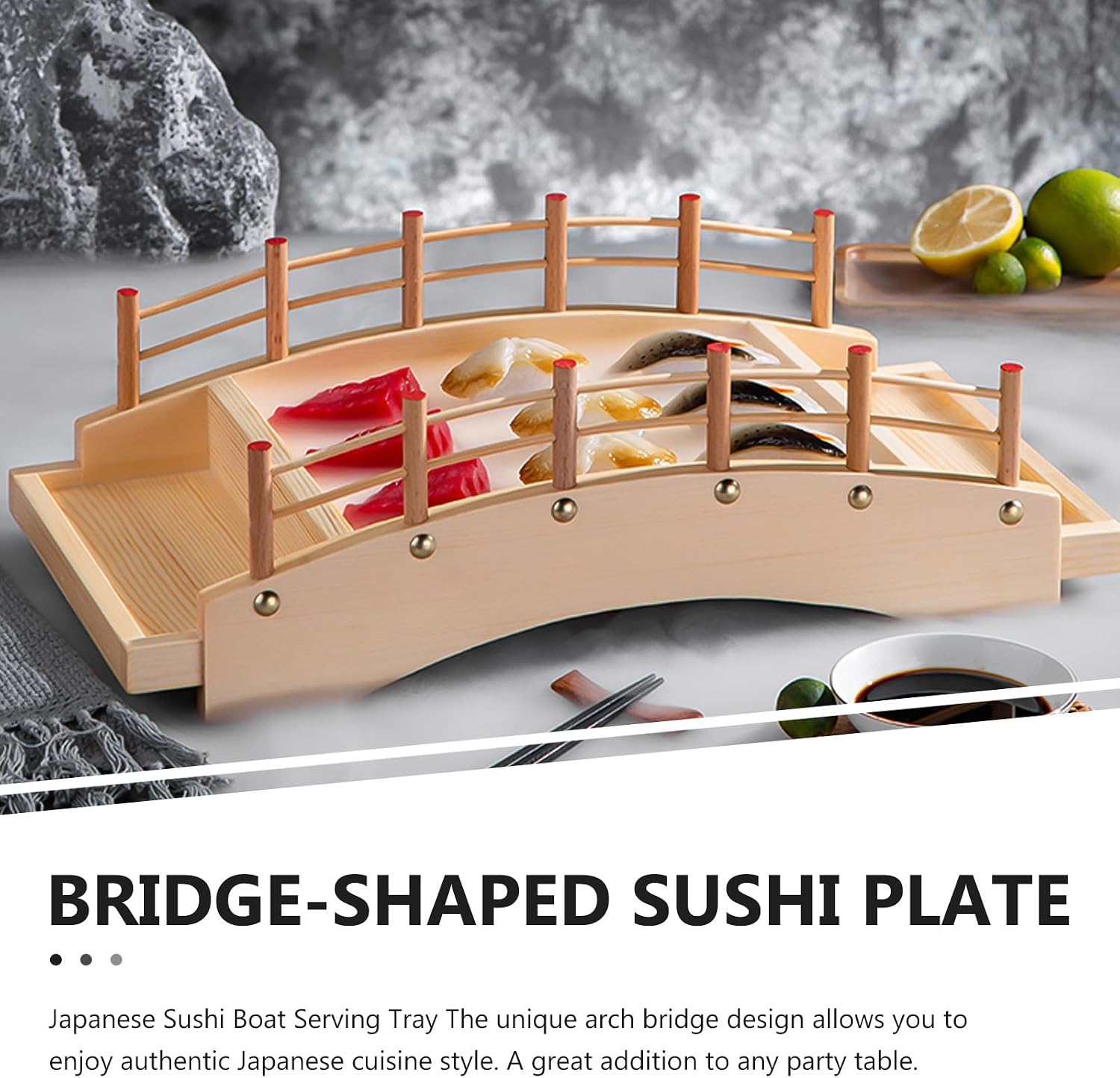 Beaupretty Wooden Sushi Bridge Plate 37cm X 18.5cm Small Sashimi Serving Tray Japanese Style Food Platter for Home Dining and Restaurant Use