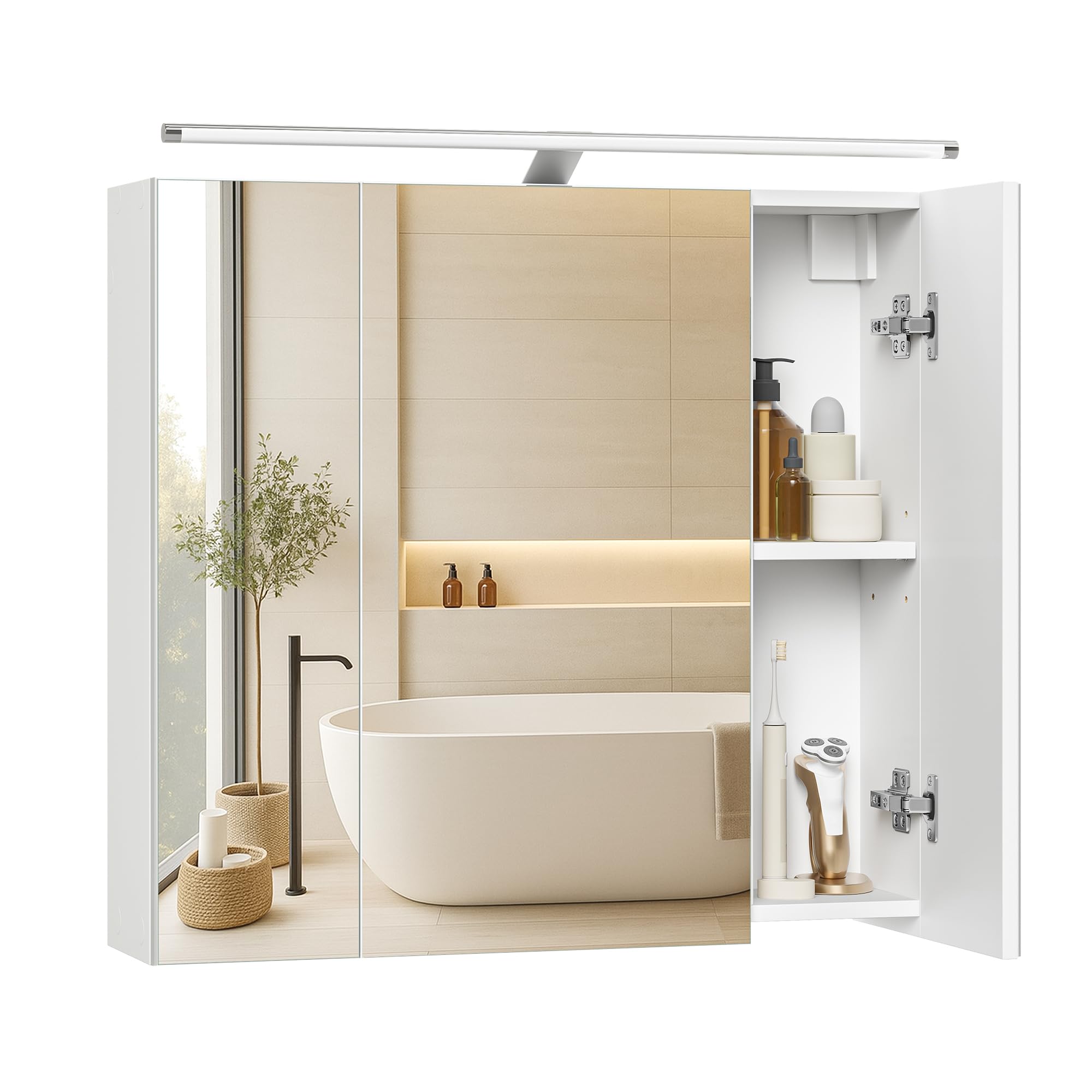 VASAGLE Kailyn Colección - Armario de Baño de Pared con 3 Puertas con Espejo e Iluminación, Estantes Ajustables, Estilo Moderno, 15 x 60 x 55 cm, Blanco Nube BBK138WB01