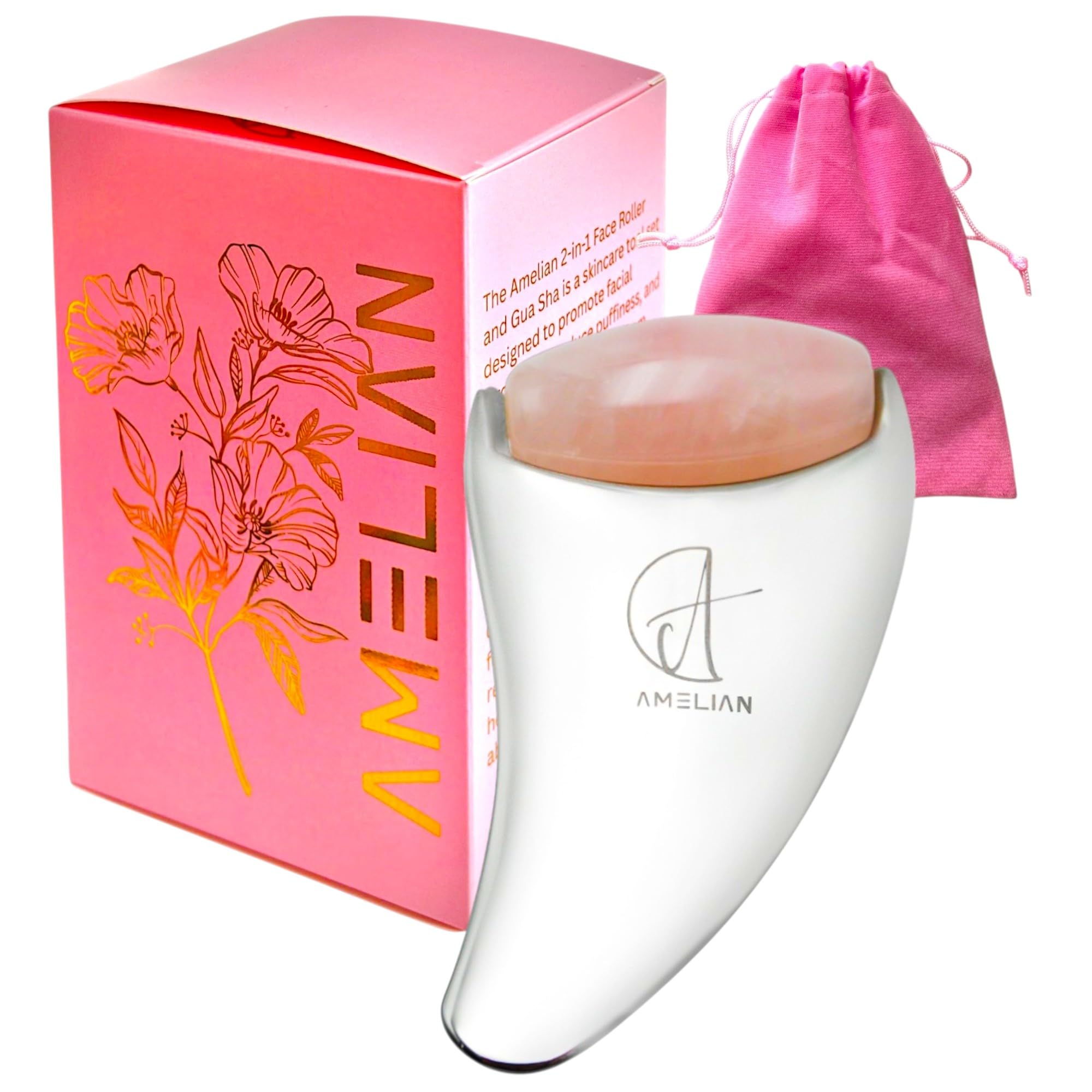 AMELIANNatural Jade Gua Sha & Face Roller Set – Jade Roller for Face & Eyes + Gua Sha Board – Anti-Aging, Reduce Wrinkles & Puffiness, Neck Massage Tool