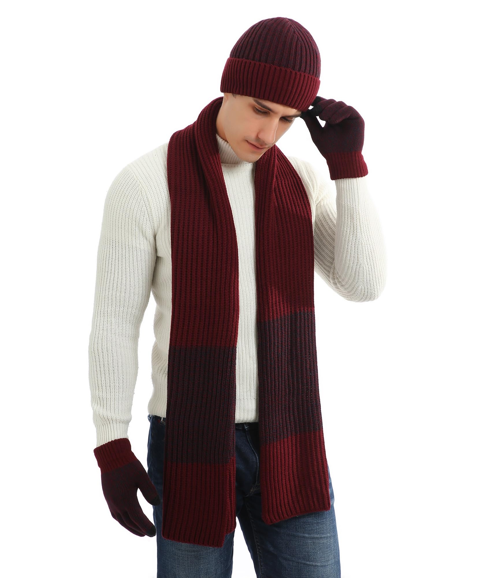 Męska czapka szalik i rękawiczki zestaw zimowa ciepła dzianinowa czapka beanie długi szalik ocieplacz na szyję rękawiczki z ekranem dotykowym zestaw upominkowy
