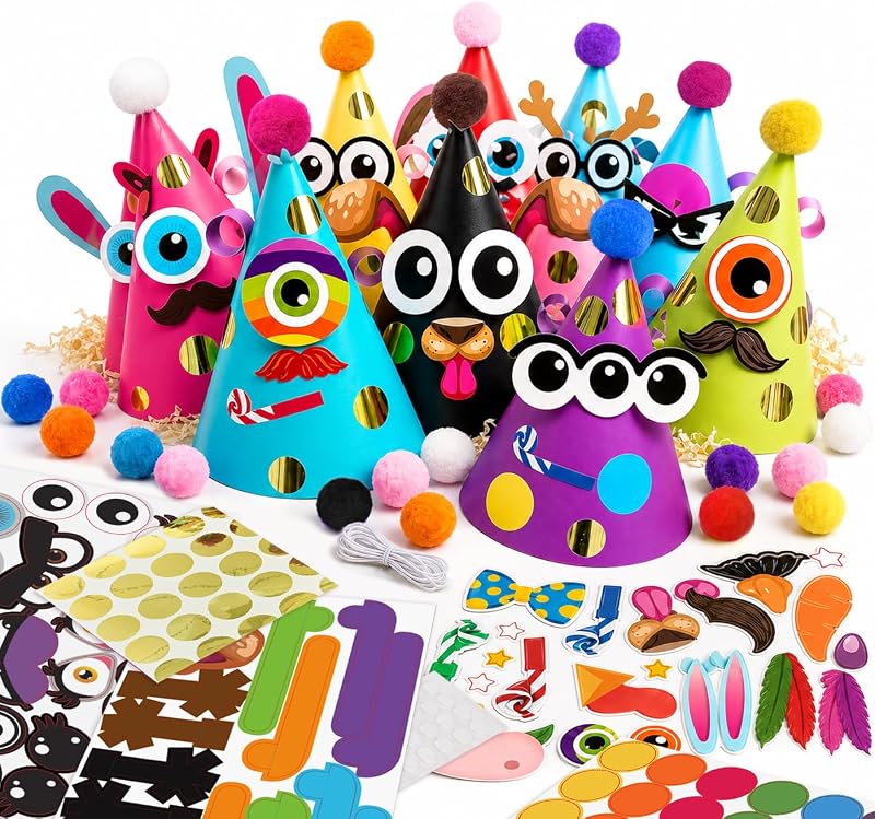 Glittery Garden 24 Pcs Party Hats Birthday Activity Kit with Stickers - Kids Fun Arts & Crafts. Make Your Own Animal & Monster Theme Party Favors & Game Supplies
