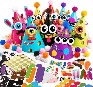 Glittery Garden 24 Pcs Party Hats Birthday Activity Kit with Stickers — Make Your Own Animal & Monster Party Favors