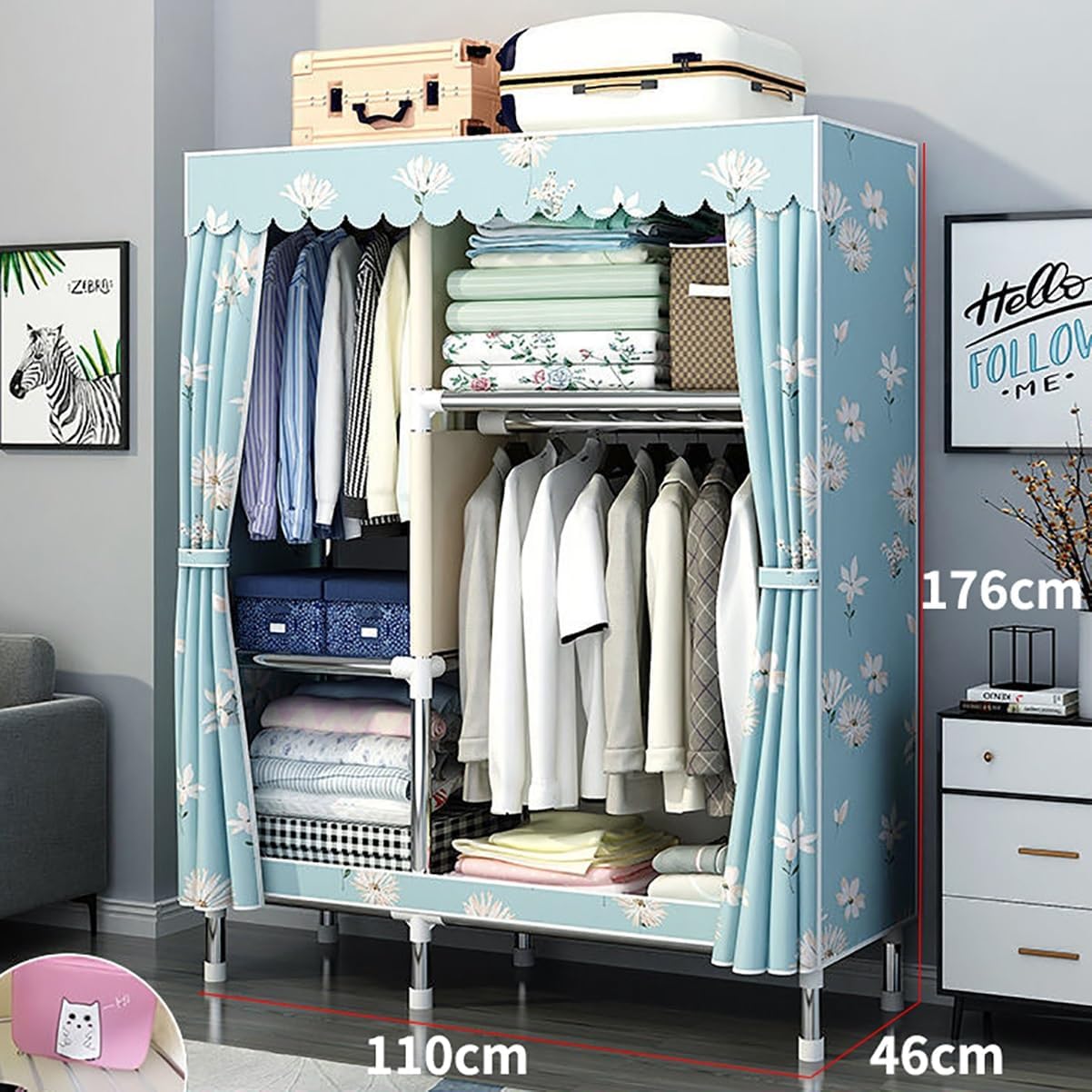 Portable Closet Wardrobe with Cover for Hanging Clothes Free Standing Clothes Rack with 2 Hanging Rods and 2 Storage Organizer Shelves for Bedroom (Color : A, Size : 110x46x176cm)