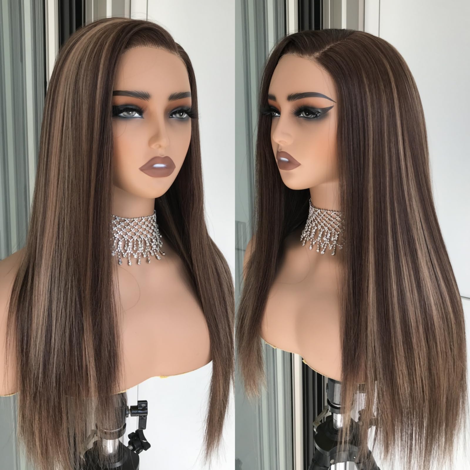 mytonecoo Wear and Go Glueless Wigs Pre Plucked Pre Cut Layered Straight Light Brown with Honey Blonde Highlights Synthetic Lace Front Wig for Women 4