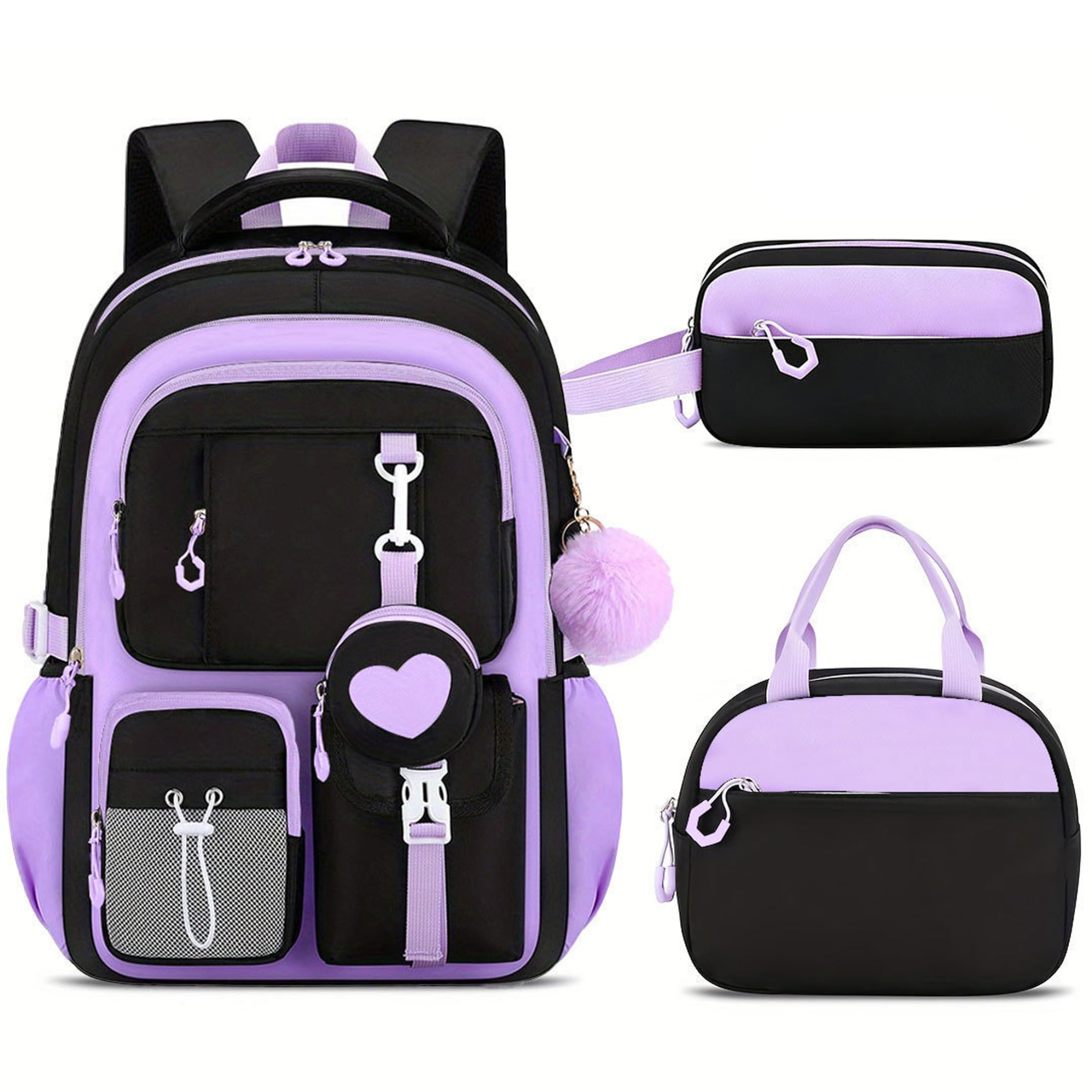 Conjunto de mochila para niñas, bolso escolar con lonchera y estuche, negro y morado