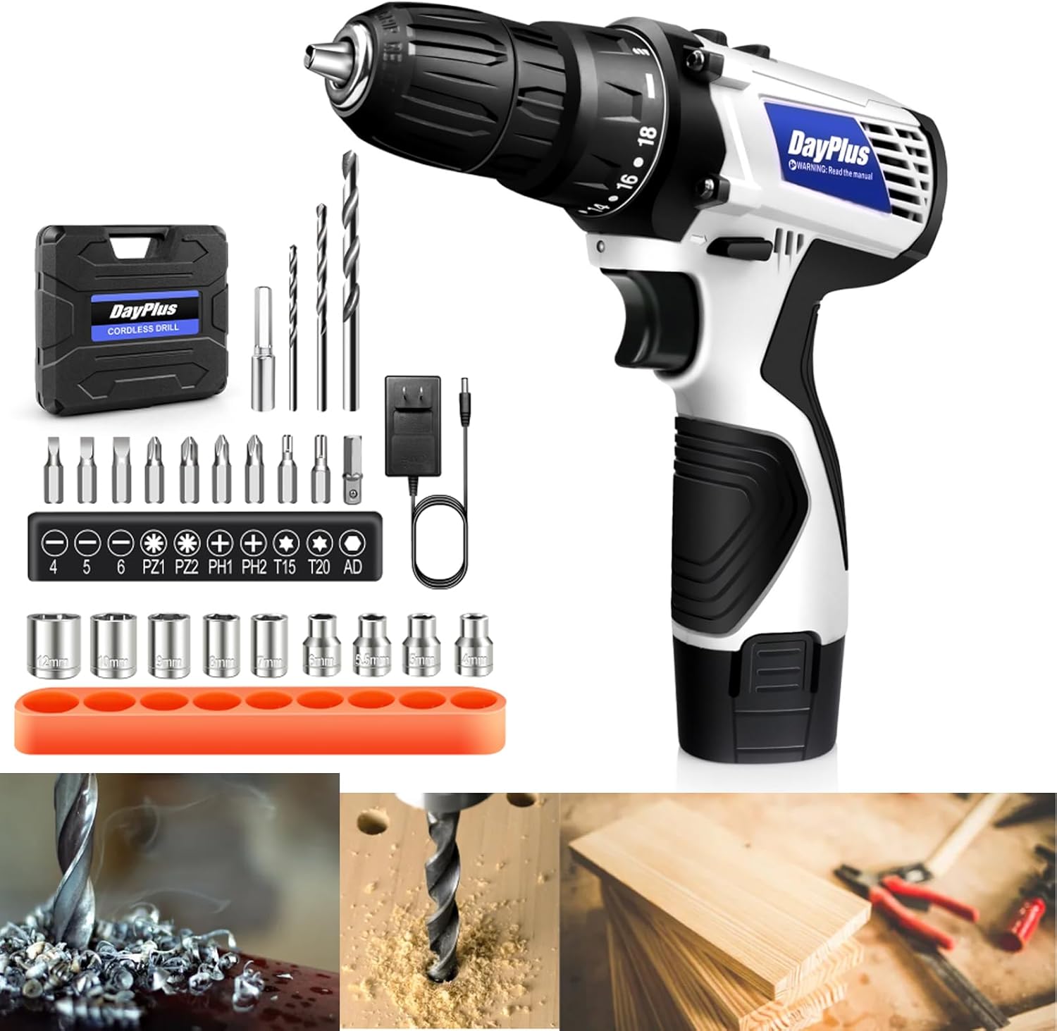 Juego de taladro eléctrico inalámbrico, juego de taladro eléctrico con batería y cargador rápido, 2 velocidades variables (0-4001400rpm), ajuste de