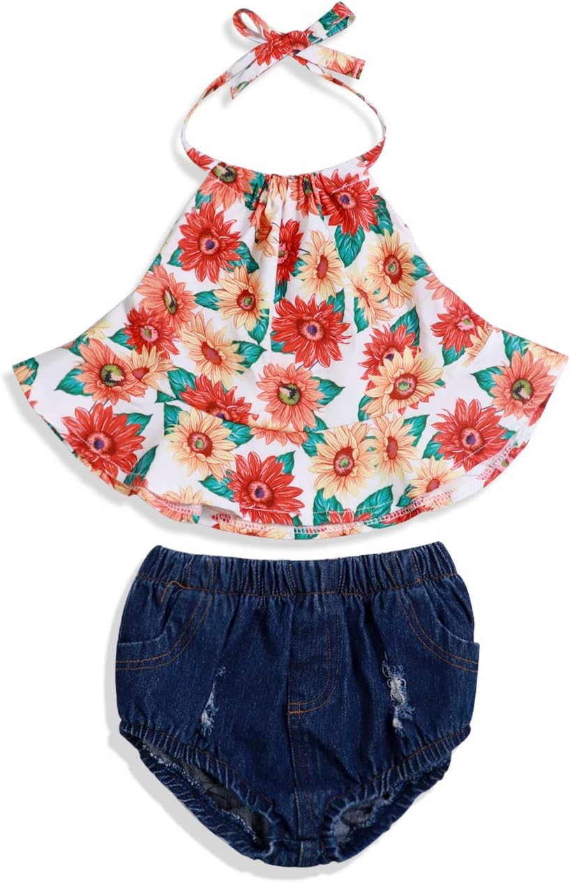Baby Girl Clothes Sunflower Floral Backless Romper Tassel Top + Dot Short Summer Outfits Set
