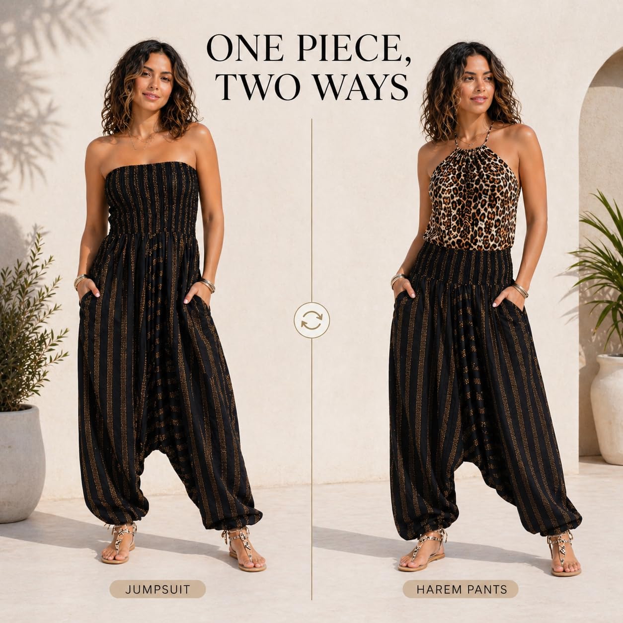 likemary Tuta Jumpsuit Donna in Cotone Stile Harem - Tirare giu e Trasformare in Pantaloni Harem - 2-in-1 Vestito - Tuta Intera Estiva & Pantaloni Harem con Tasche Ideale Per Le Vacanze