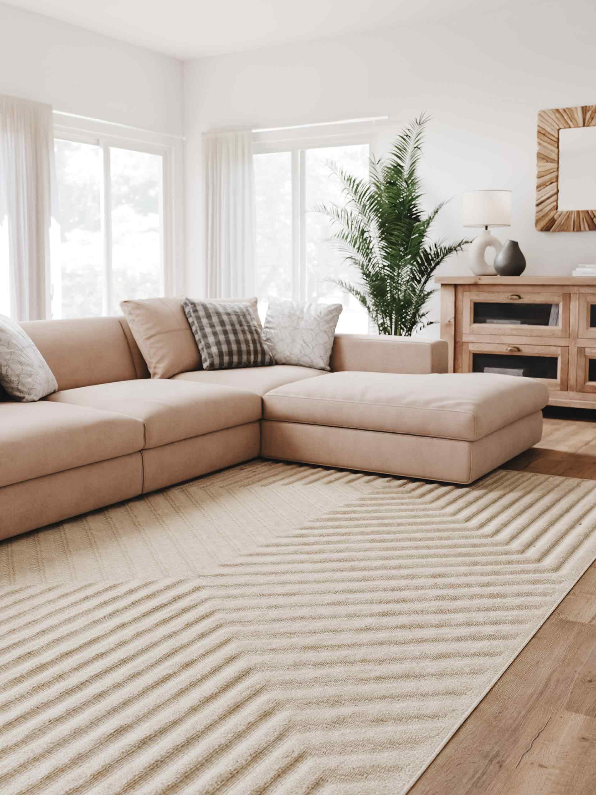 Lecce Alfombra de pelo corto, 160 x 230 cm, color crema, diseño escandinavo boho con efecto 3D alto y profundo, plana con patrón geométrico