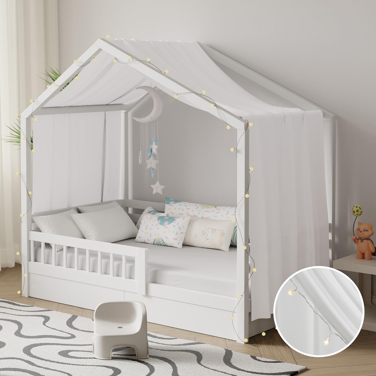 Pacok Hausbett Himmel mit Lichterkette 1 Stück Deko Baldachin Hausbett Vorhang,Betthimmel Musselin Stoffhimmel Hausbett für Mädchen Jungen Kinderbett,135 x 420 cm Weiß