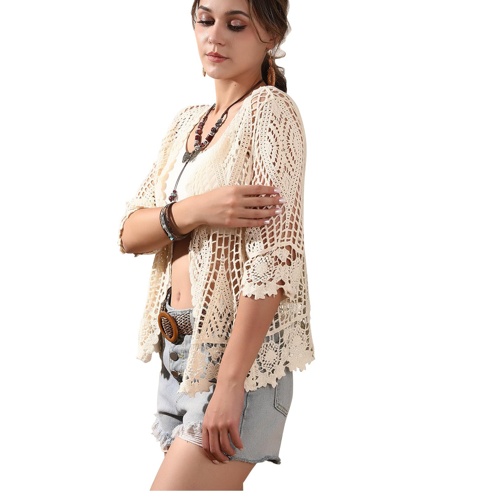 Cardigan en dentelle florale au crochet pour femme - Kimono long avec manches mi-longues