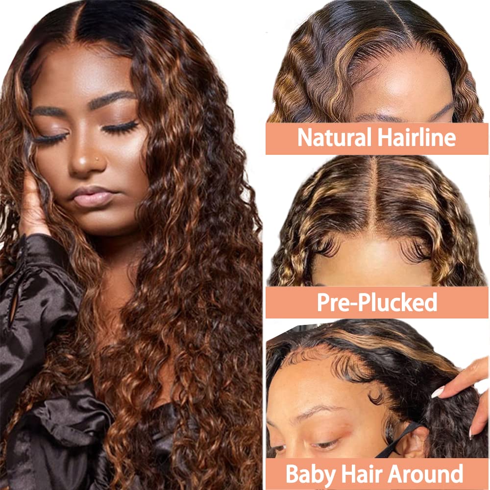 Weeybay 4X4 HD Middle Part Lace Front Human Hair Wig p4/30 Highlight Brown Curly Wave wigs 100% Unprocessed Glueless Virgin Human Hair Wigs For Women 26 Inch - Image 3