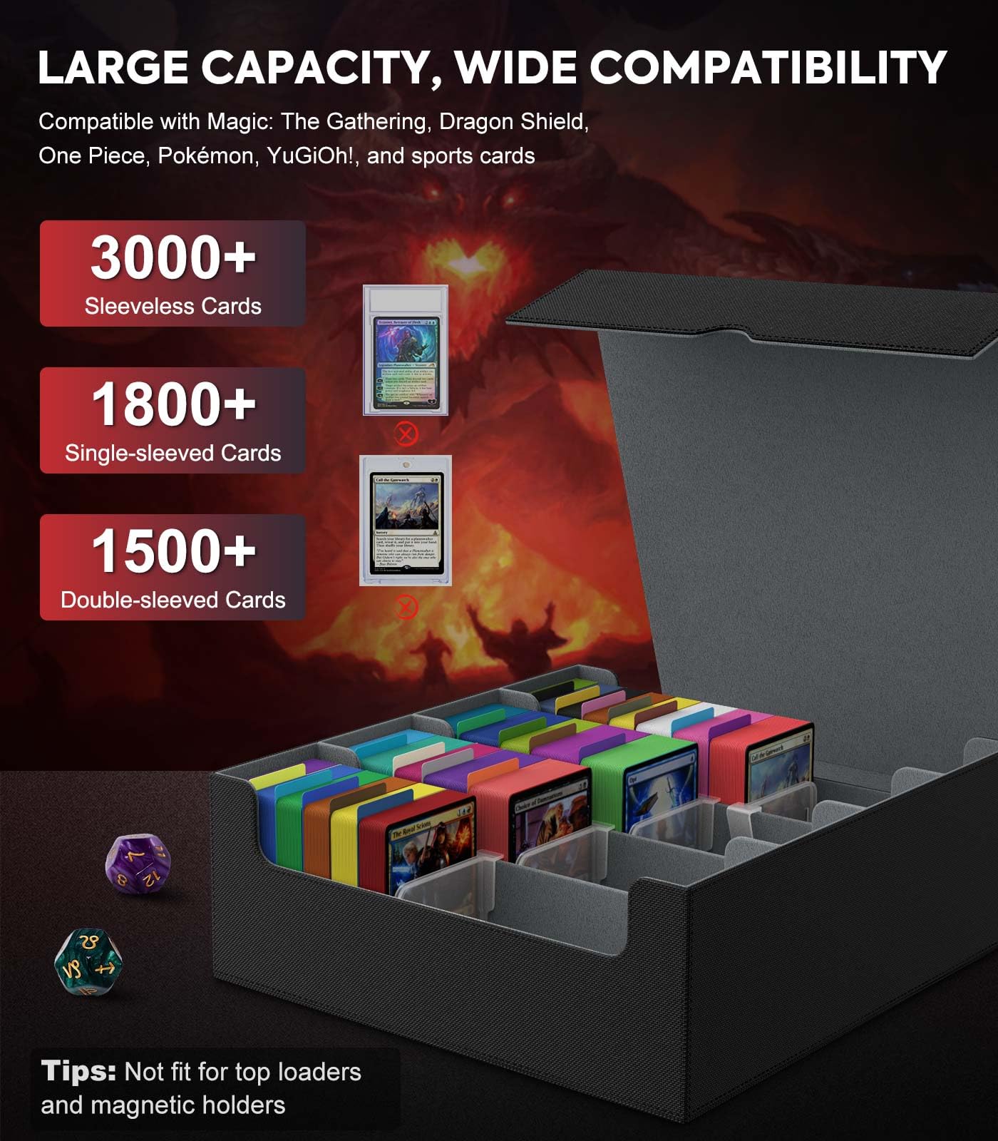 MoKo Trading Card Storage Box, 3000+ MTG Deck Box with 24 Colorful Dividers & 4 Card Supporters - Image 3