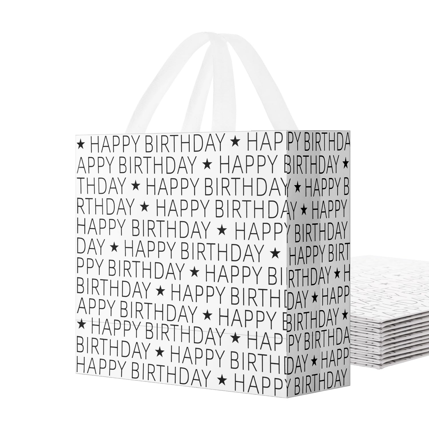 MALICPLUS 6 Happy Birthday Gift Bags 10x4.5x10 Inches, Medium Gift Bags Bulk with Handles for Birthday (Black Letters)