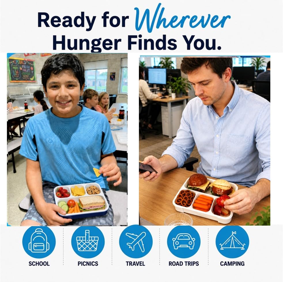 Image of kinsho Bento Box for Kids Lunch-Boxes for Adults | Portion Snack Containers for Boys Toddlers Pre-School Daycare Work Lunches BPA Free | 4 Compartments, Gray Blue, 2 pack