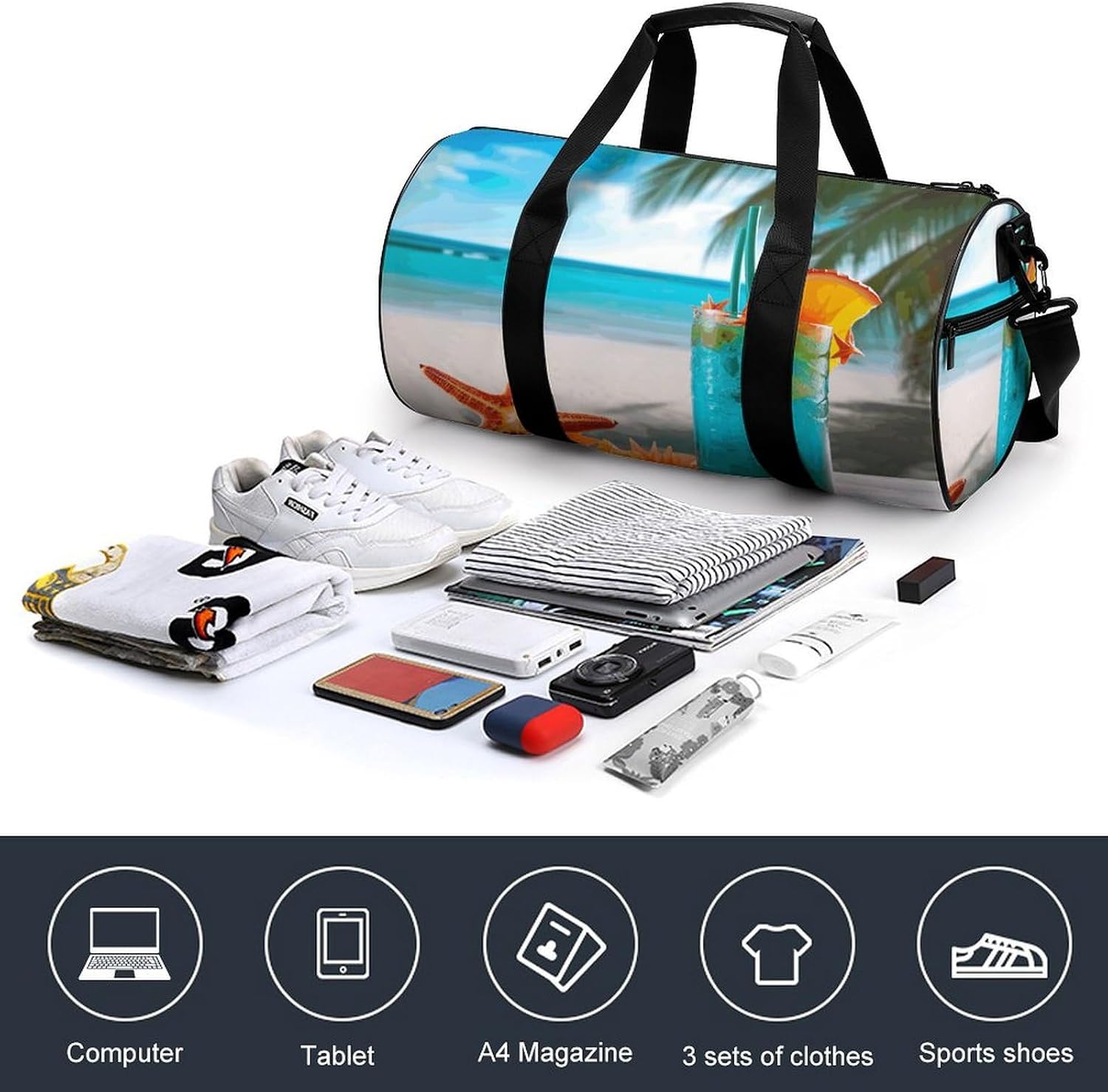 Duffel Bag for Men Women Gym Bag Tropical Cocktail with Starfish Travel Duffel Bag Waterproof Overnight Bag for Sports Workout