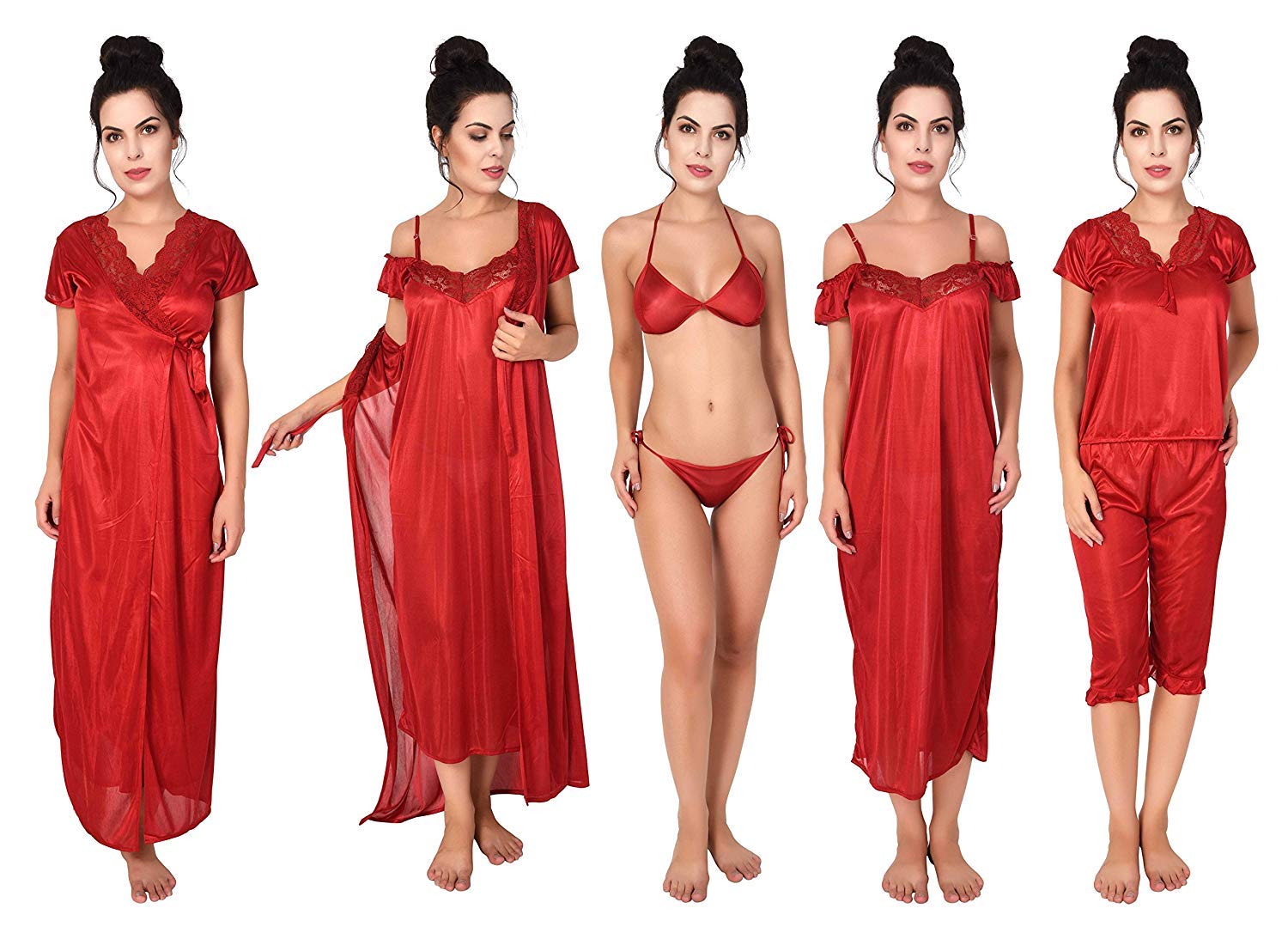 Women�s Satin Purple Solid Night Robe, Night Slip, Top Pajama, Bra Thong Nightgown Set Pack of 6-image-11