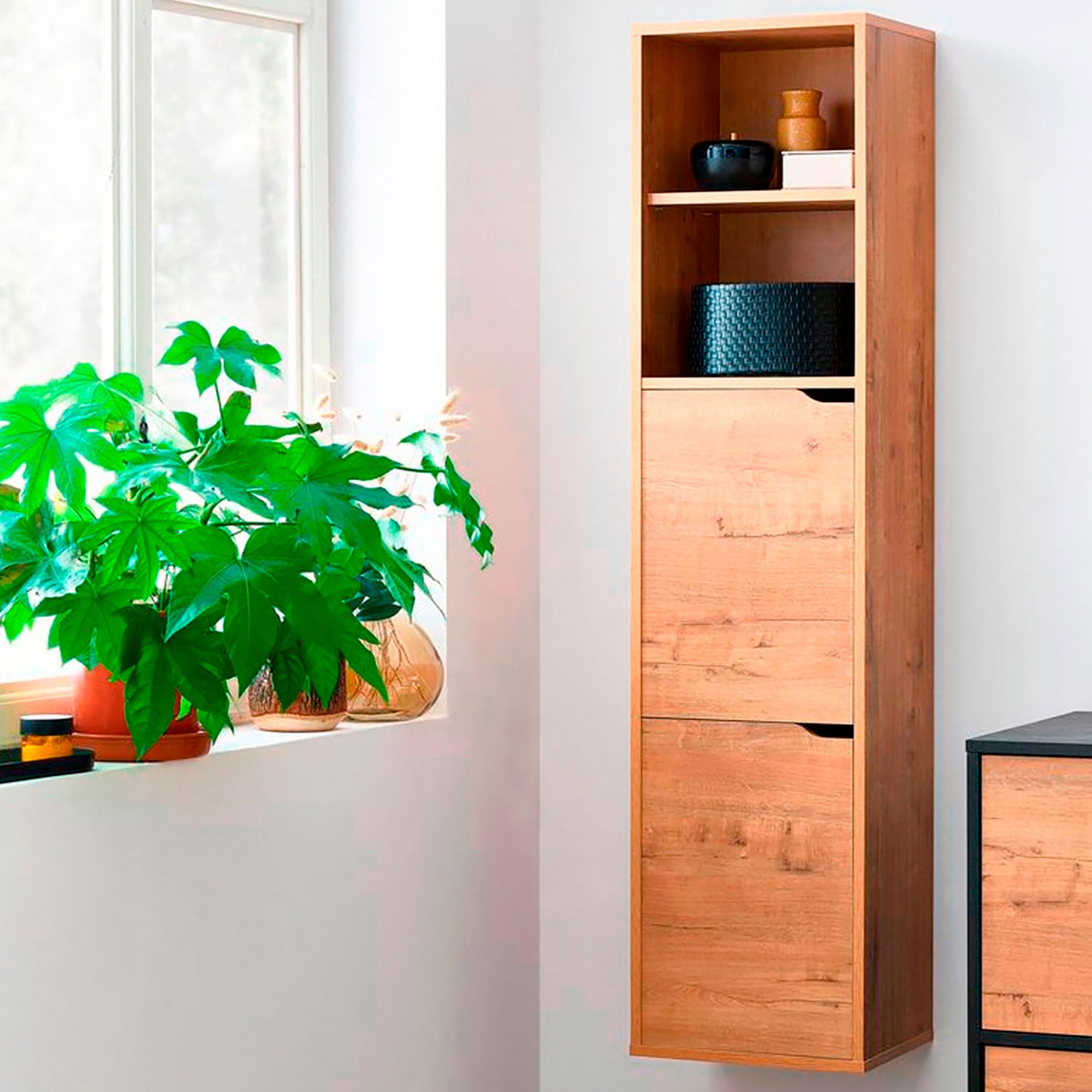 briebe Columna de Baño, Mueble Auxiliar Suspendido o al Suelo, Armario Alto Estilo Moderno 150x36,5x30 cm (Alto x Ancho x Profundo) Espacio de Almacenamiento 2 Estantes, 2 Puertas, Aura (Roble Gold)