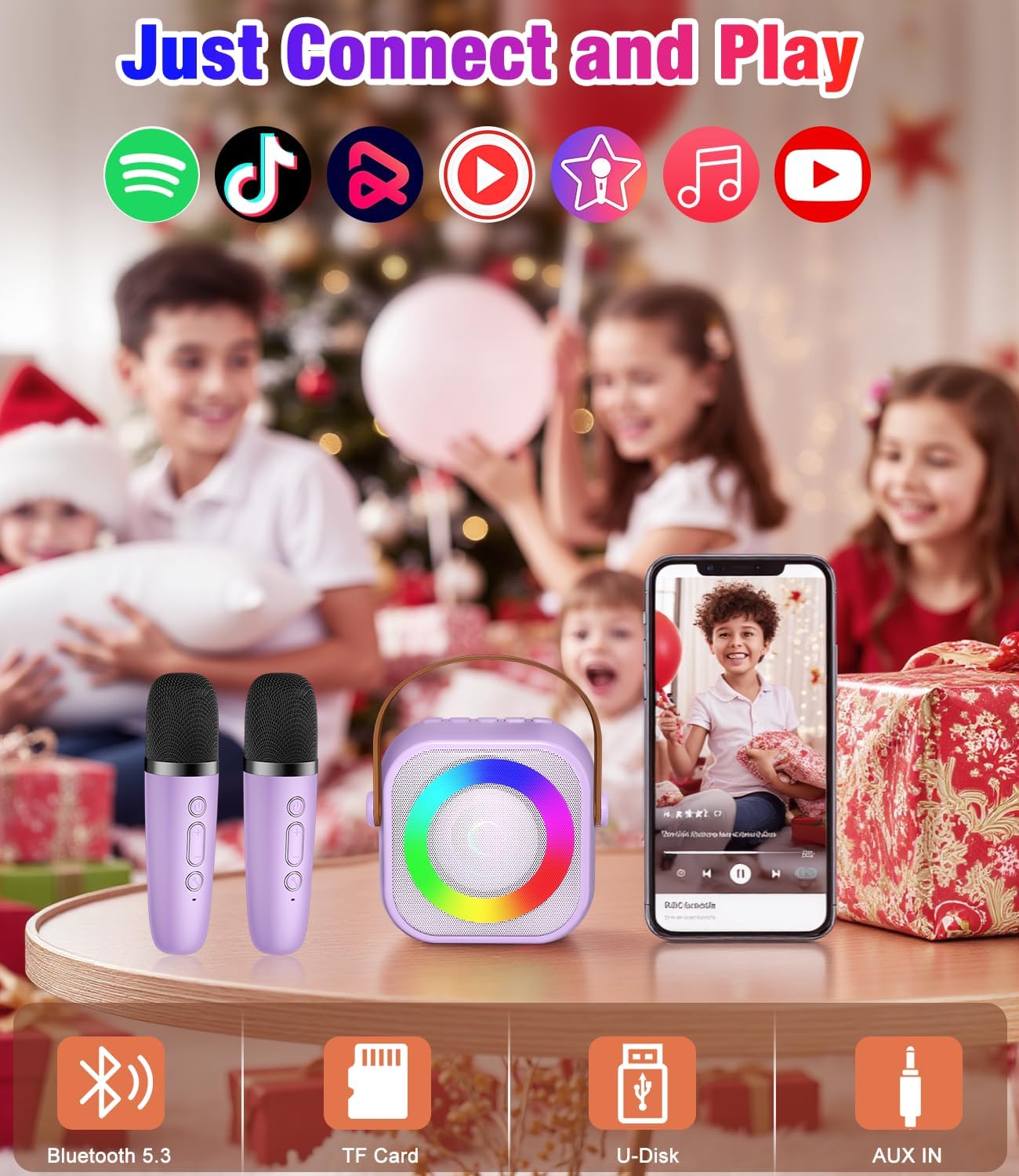Mini Karaoke Machine, Portable Bluetooth Speaker with 2 Wireless Microphones for Kids & Adults, Karaoke Microphone with LED Lights, Gifts for Girls & Boys_Purple - Image 5