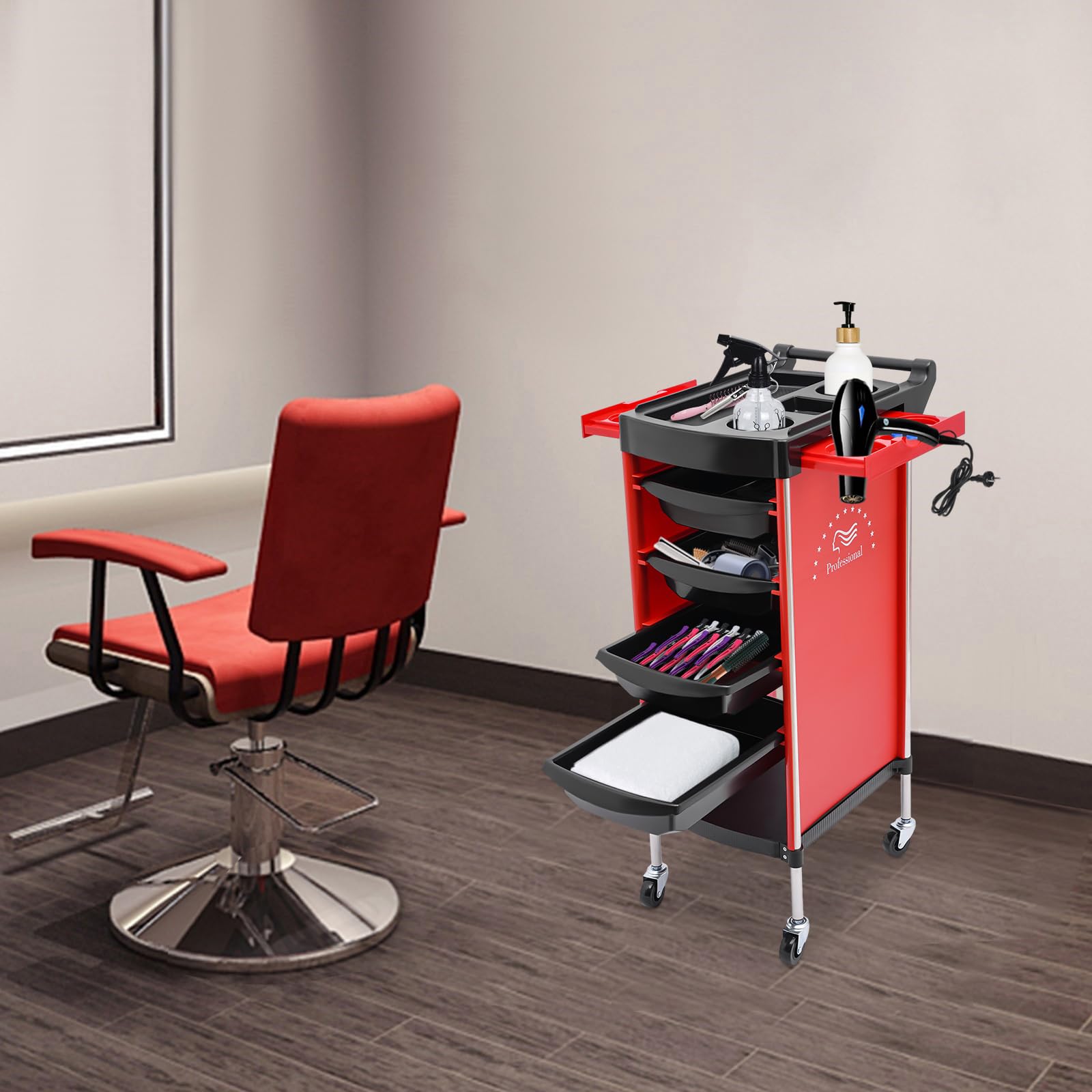 Salonwagen Friseurwagen Mit UniversalräDern,Friseurwagen,Salonwagen Mit 6 Etagen,6-Stufiger Schubladen-Multifunktions-Salonwagen,FüR SchöNheitssalons,Stylist Friseur Haarstyling (Rot)