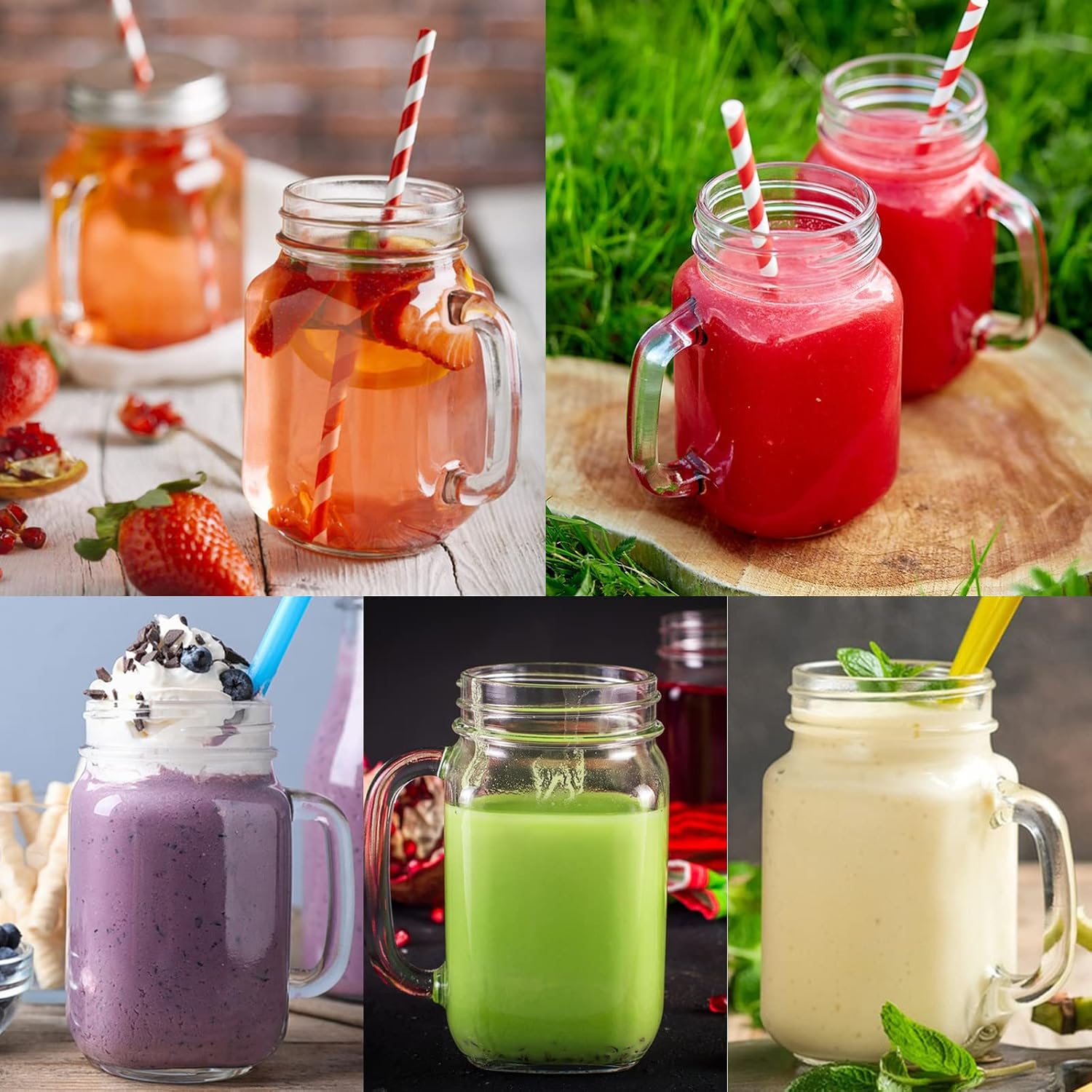 16 oz Handled Glass Mason Jars with Lids,9 Pack Drinking Mason Jars | 480ml Reusable Glass Overnight Oats Jar,Beer Mugs for Smoothies,Preserve,Cocktails,Party Favors