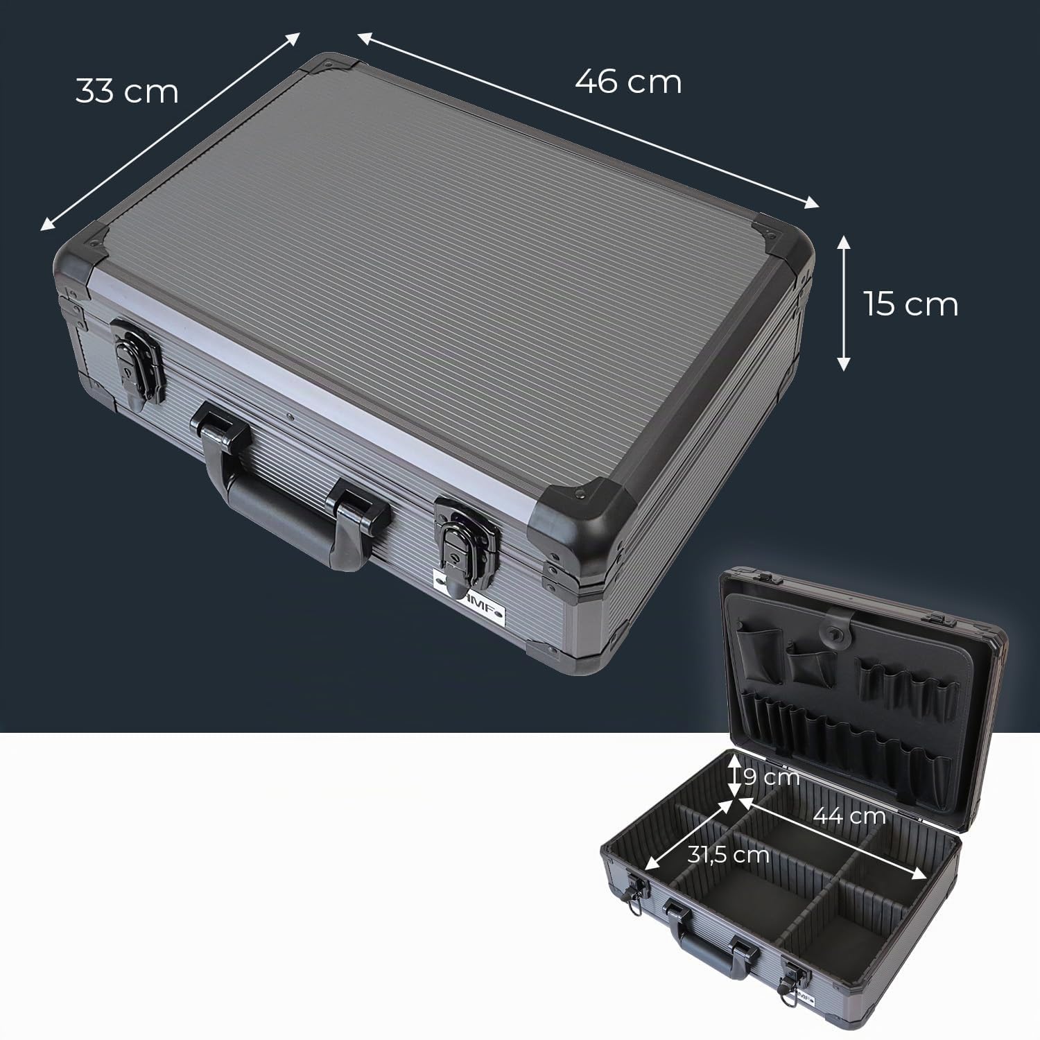 HMF Maletín de herramientas de aluminio vacío con 17 compartimentos insertables, Maletín grande con división interior ajustable | 46 x 33 x 15 cm | Antracita-Negro