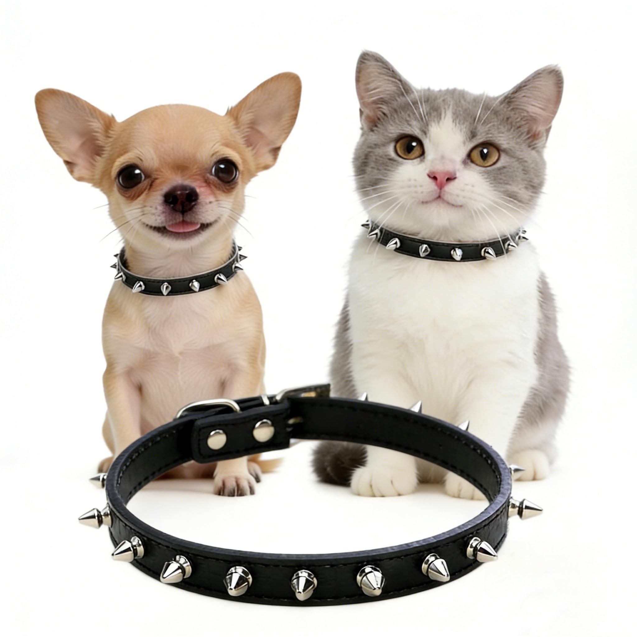 Photo 1 of Enjoying Spike Cat Collar, Spiked Dog Collar for Extra-Small to Small Dogs, Anti-Bite Studded Protective, Faux Leather Spiky Collar with Metal Rings for Hold Pet Tags/Leash, Adjustable, Black, XS