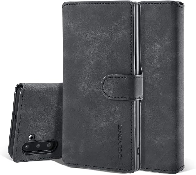 UEEBAI PU Leather Case for Samsung Galaxy Note 10 Plus, Vintage Retro Premium Wallet Flip Cover TPU Inner Shell [Card Slots] [Magnetic Closure] Stand Function Folio Shockproof Full Protection - Black