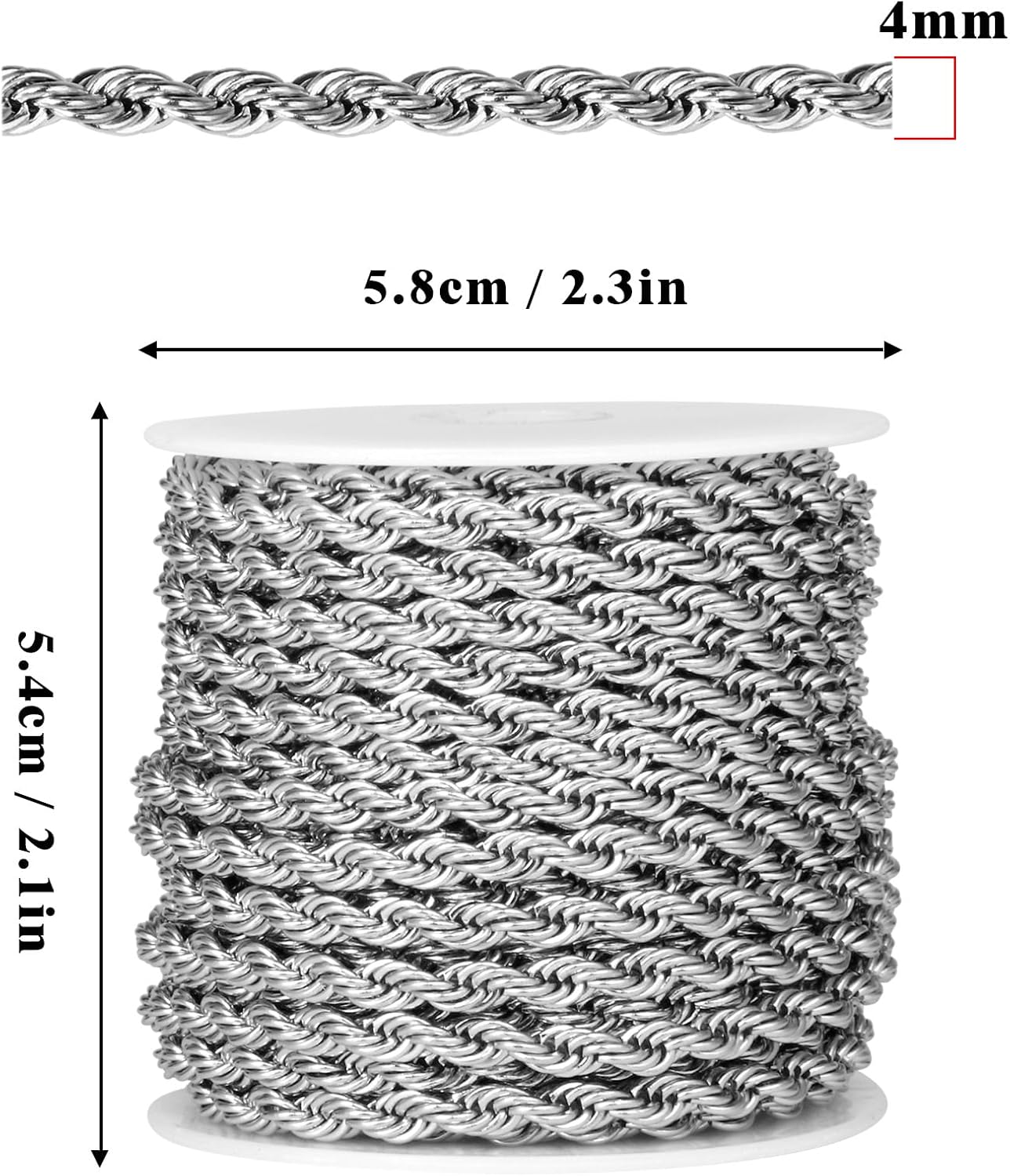 Cadikez [33FT] Stainless Steel Rope Chain, 4mm Width 304 Stainless Steel Rope Chains Roll Bulk for Jewelry Making