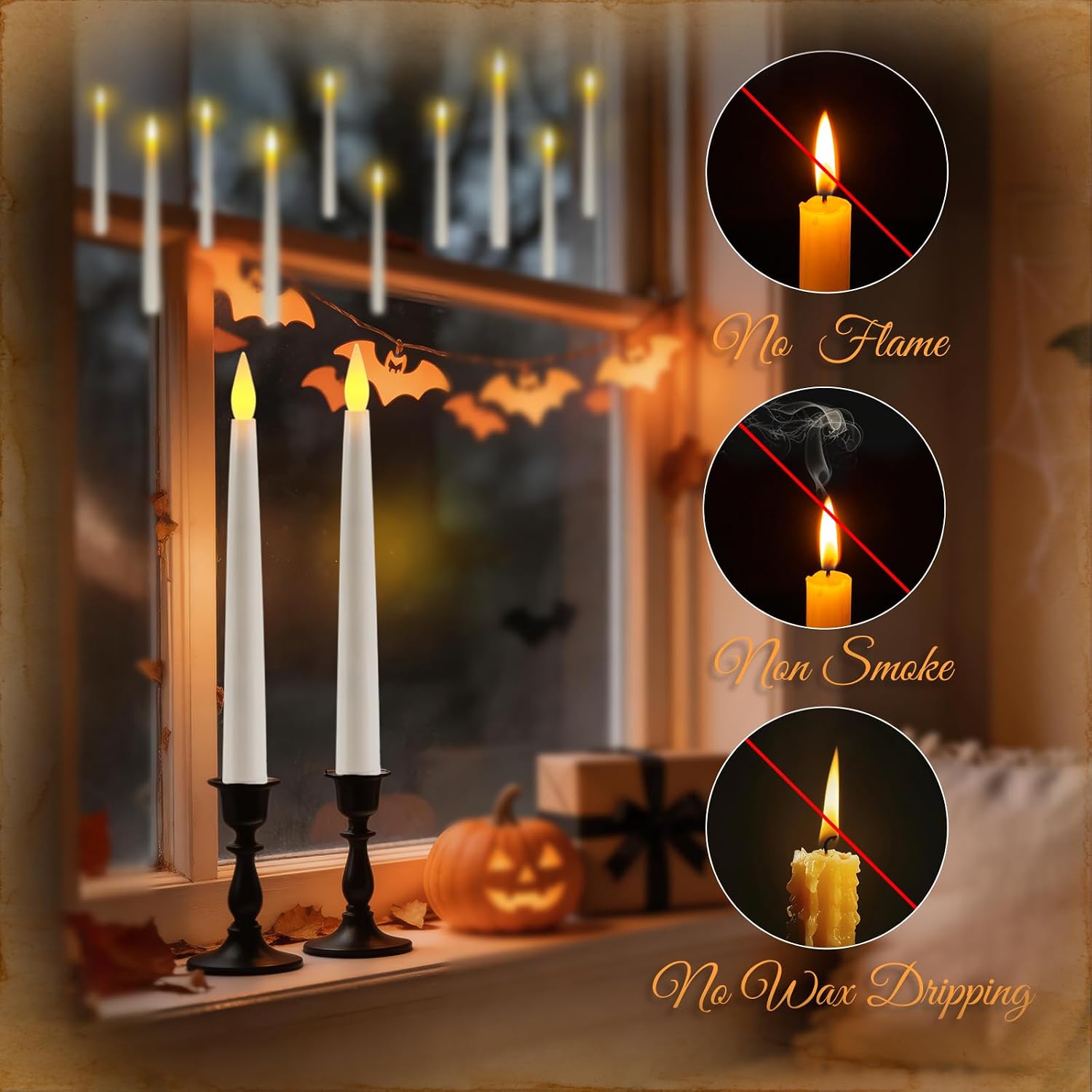 Homemory 10PCS Floating Candles with Wand Remote, Flameless Hanging Taper Candle with Flickering Warm Light, Battery Operated Magic Deco Candles for Halloween, Christmas, Birthday, Indoor Decor