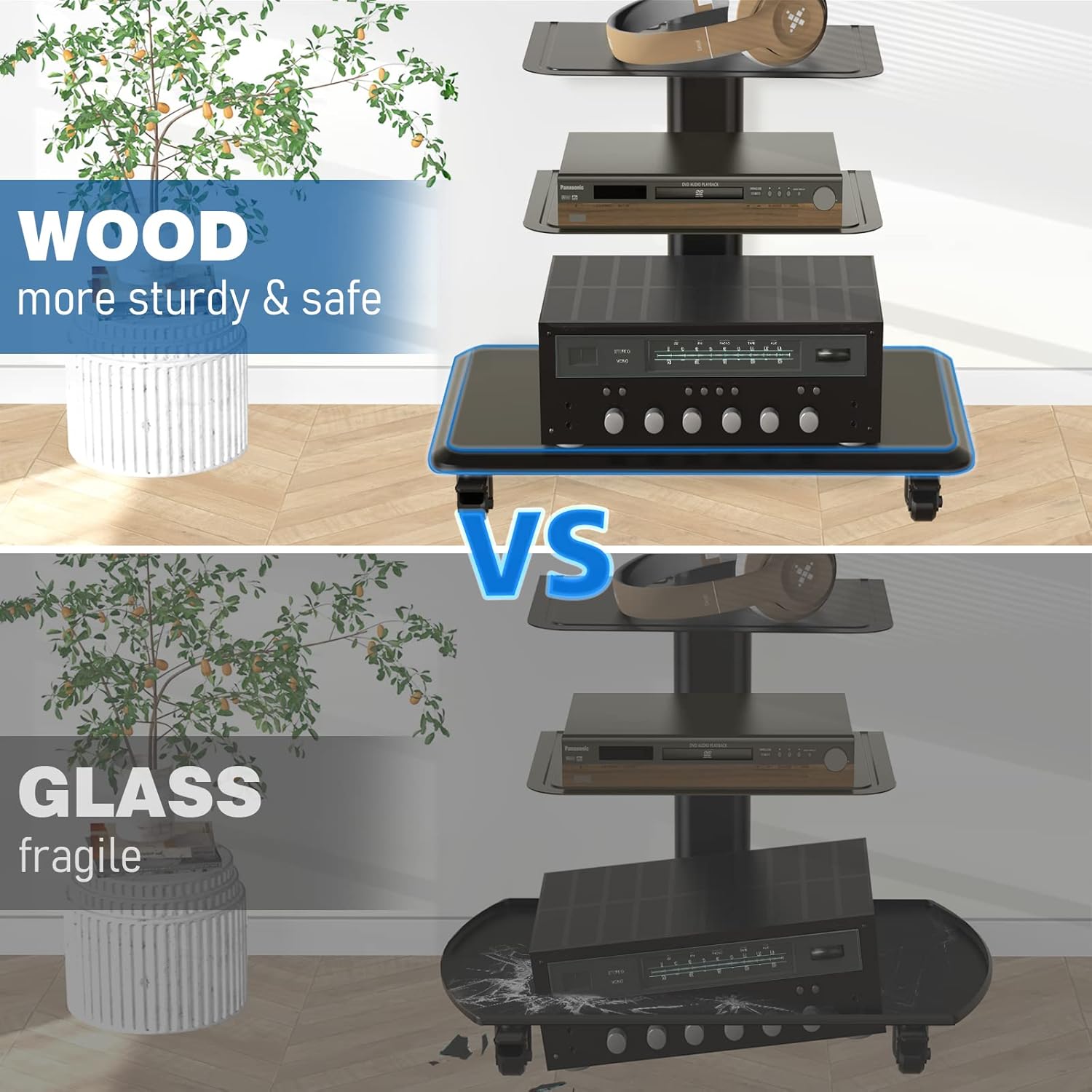Diagram illustrating cable management features and safety lock on the TV stand.