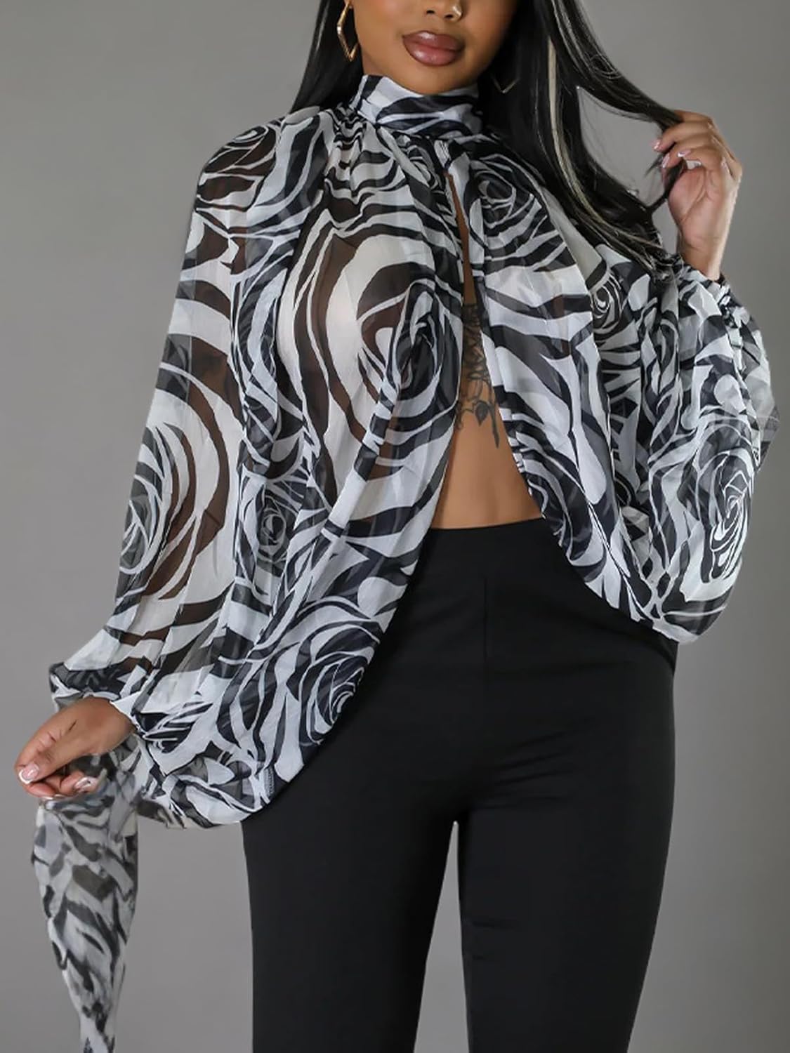 Ophestin Womens Print Sexy Open Back Sheer Chiffon Balloon Sleeve Shirt Blouse Tops Coverup - Image 3
