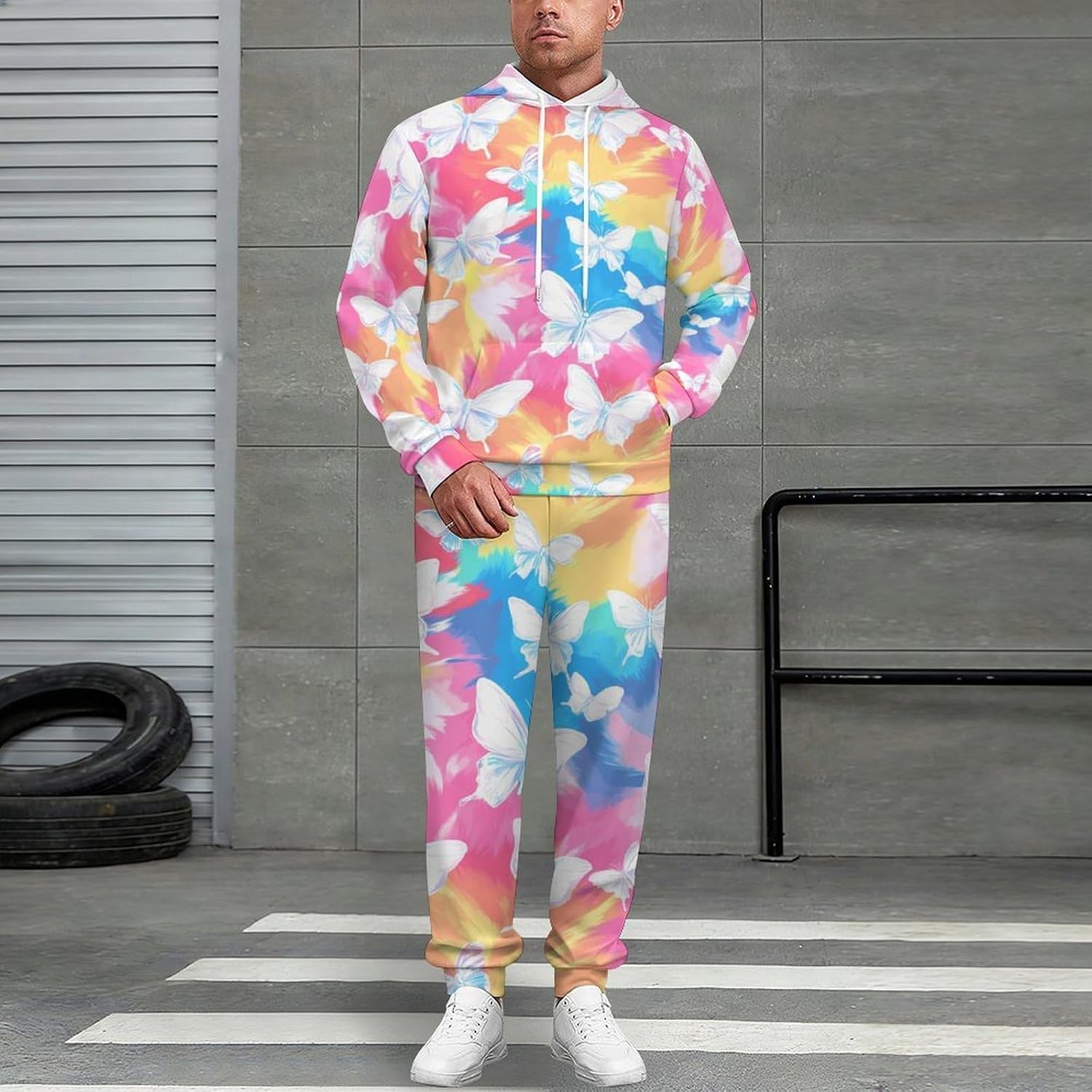Colorful Butterfly Men's Hooded Set Casual 2 Pieces Suits Pullover Tracksuit Hoodies And Sweatpants