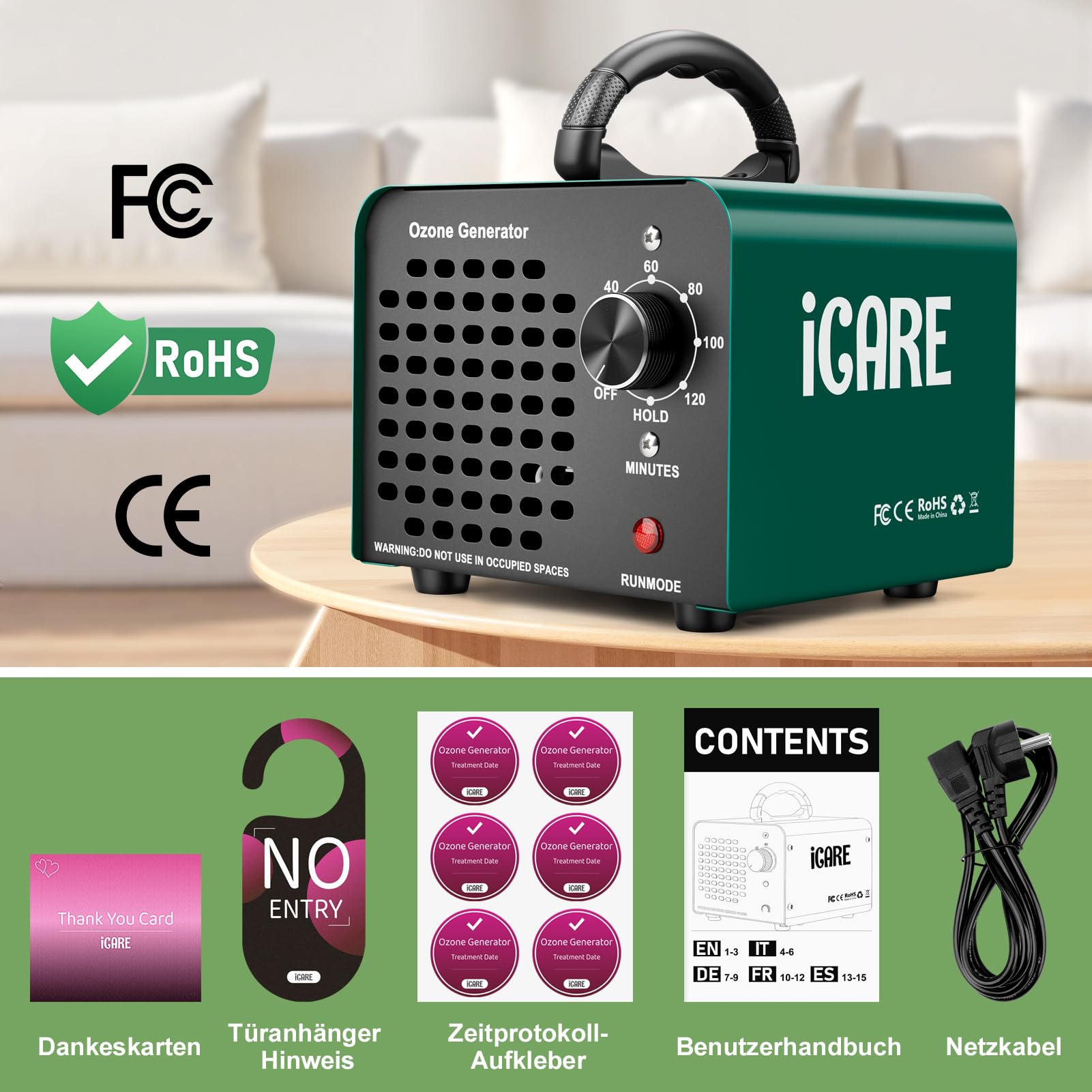 Ozongenerator 30000mg/h, Ozonisator Industrieller Ozongerät O3 Ozon Luftreiniger mit 120 Min Timer für 300㎡ Geruchskiller Geruchsneutralisierer für Auto Garagen Wohnung Hotels Küche Haustiere Gerüche
