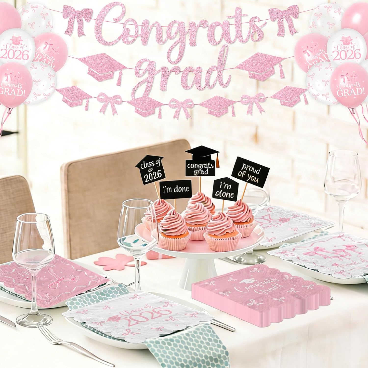 48Pcs Class of 2026 Graduation Napkins, Pink Bow Disposable Congrats Grad Paper Napkins for College High School Graduation Party Decorations