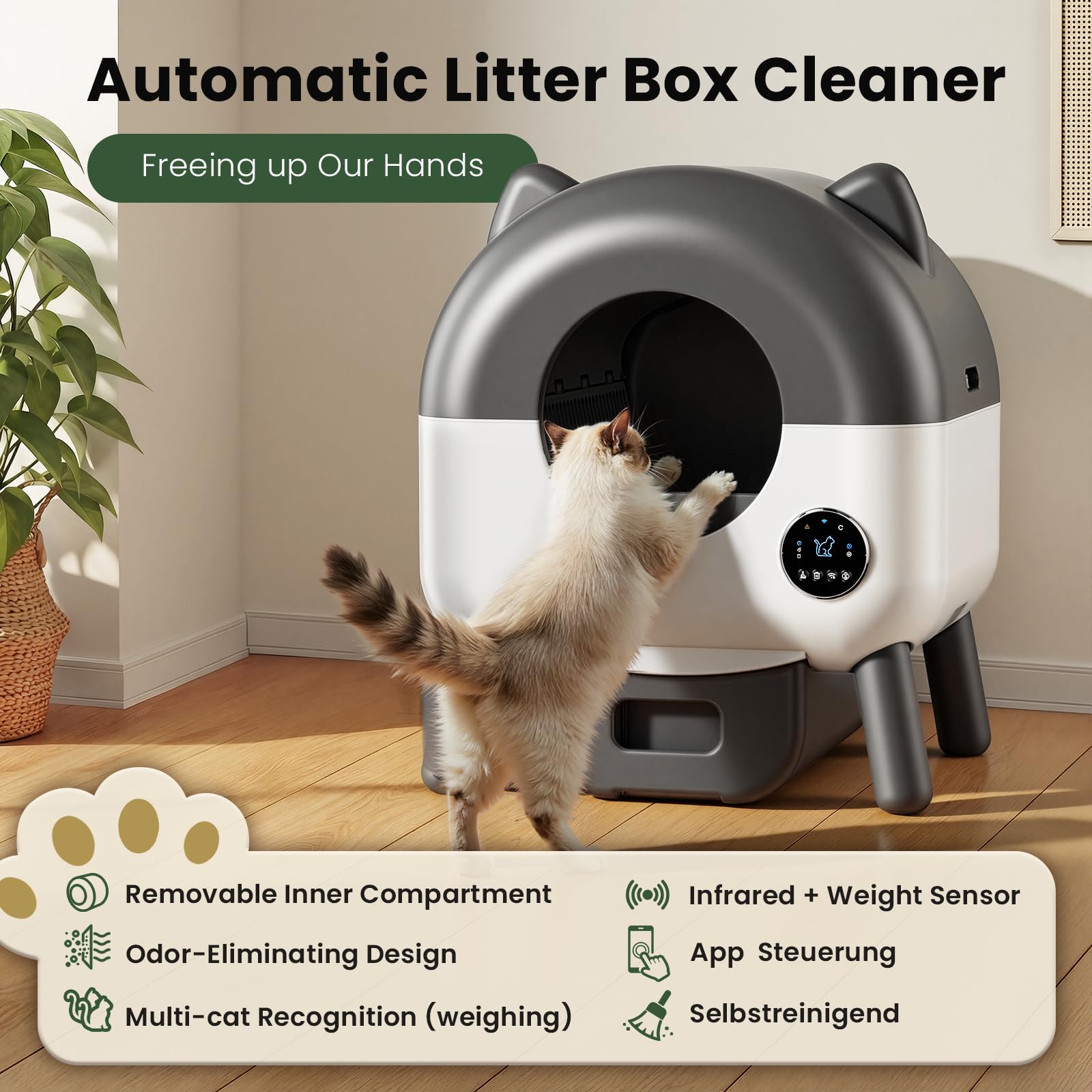 Lettiera Gatto Autopulente, Lettiera Autopulente per Gatti XXL 76 L con Controllo App, Antiodore, 8 Sensori di sicurezza e Anti-pizzicamento, 6 Luci Notturne, per Più Gatti con Sacchetto