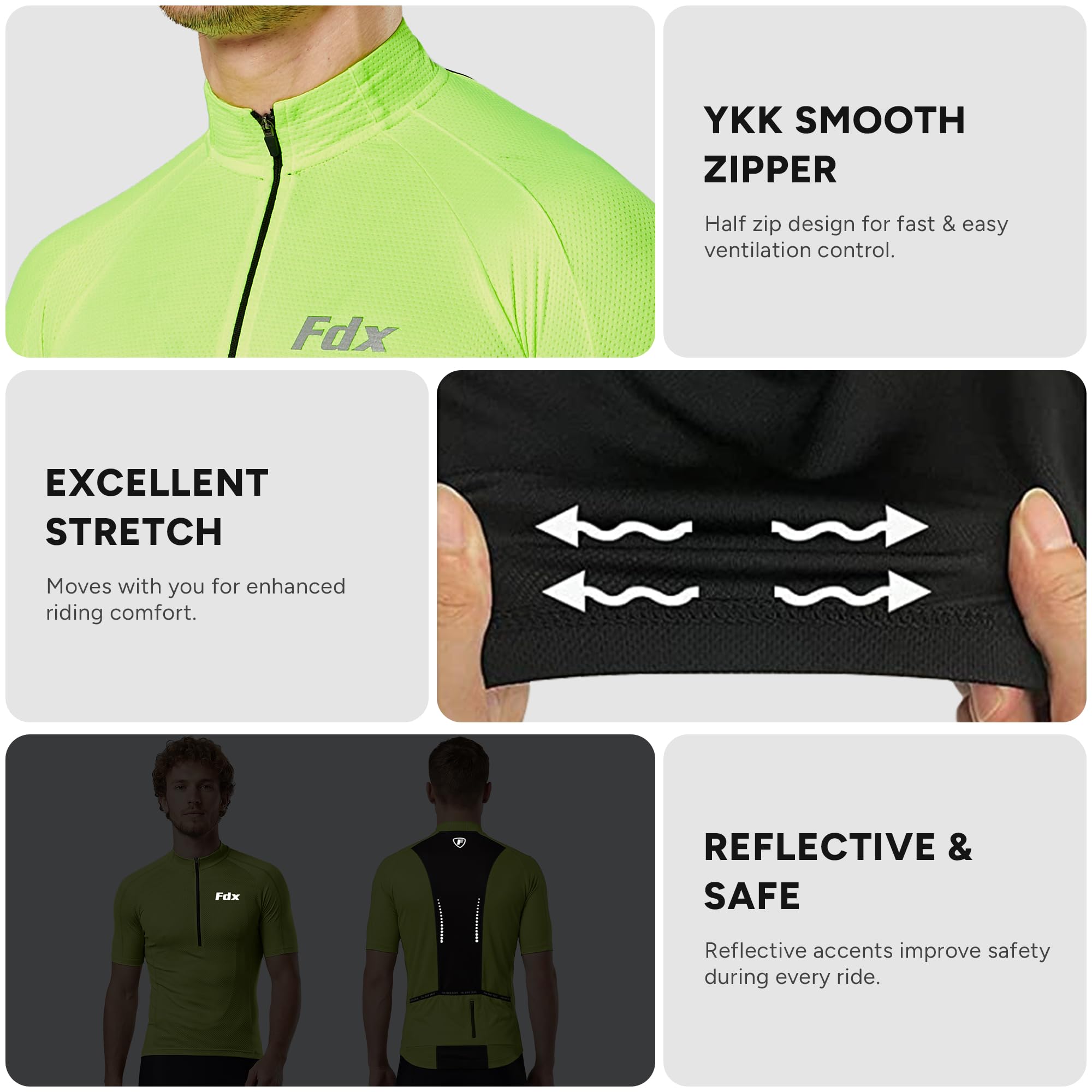 FDX Maillot de Cyclisme pour Homme, Demi-Zip, Respirant, à Manches Courtes et 4 Poches, idéal pour Le VTT, la Course, la Course à Pied et Les activités de Plein air