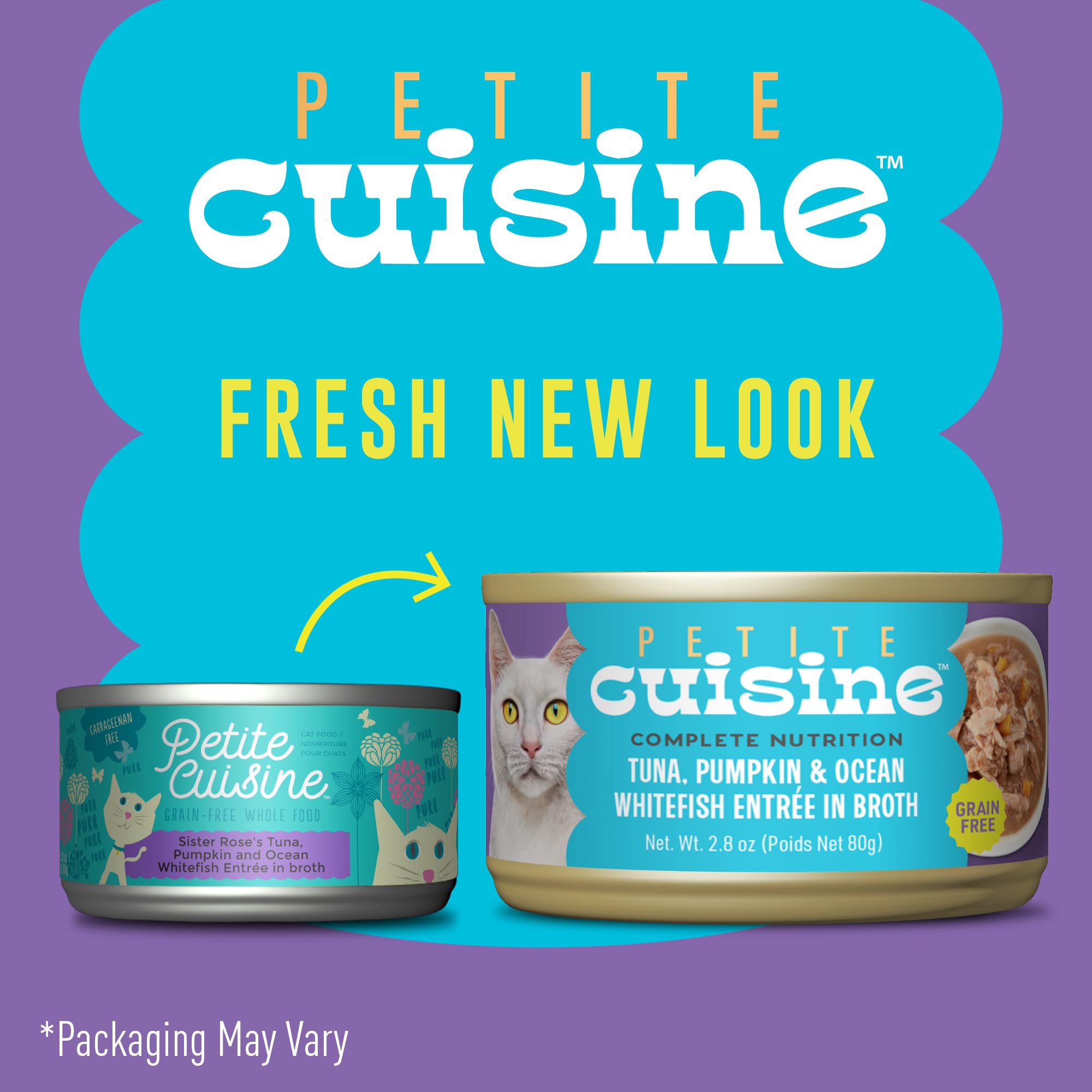 PETITE CUISINE Whole Foods Wet Cat Food, Tuna, Pumpkin & Ocean Whitefish Entree in Broth, 2.8 oz. Can (24 Count)