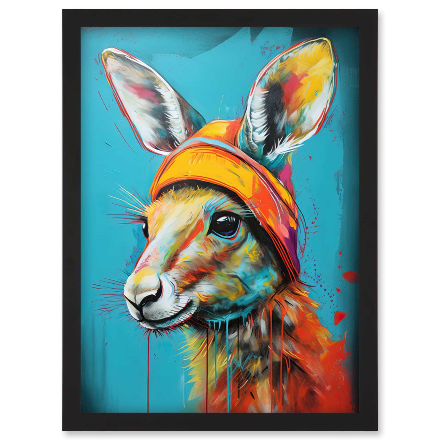 Artery8 Baby Kangaroo Joey Hat Framed Wall Art Print A4 - Teal and Orange Artwork