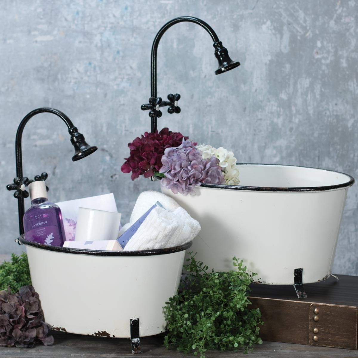Home & Garden White Set of 2 Black Rim Enamel Bathtub Planters, 2 Piece