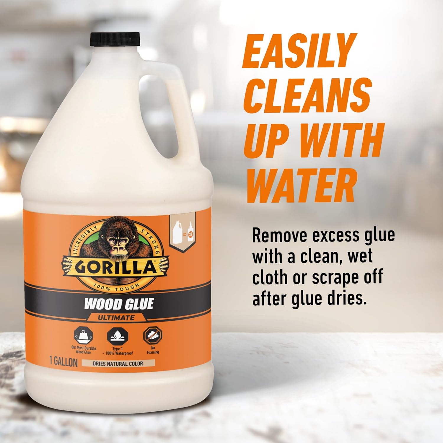 Gorilla Wood Glue Ultimate, Waterproof High‑Strength Wood Glue, Natural Dry Finish, 1 Gallon