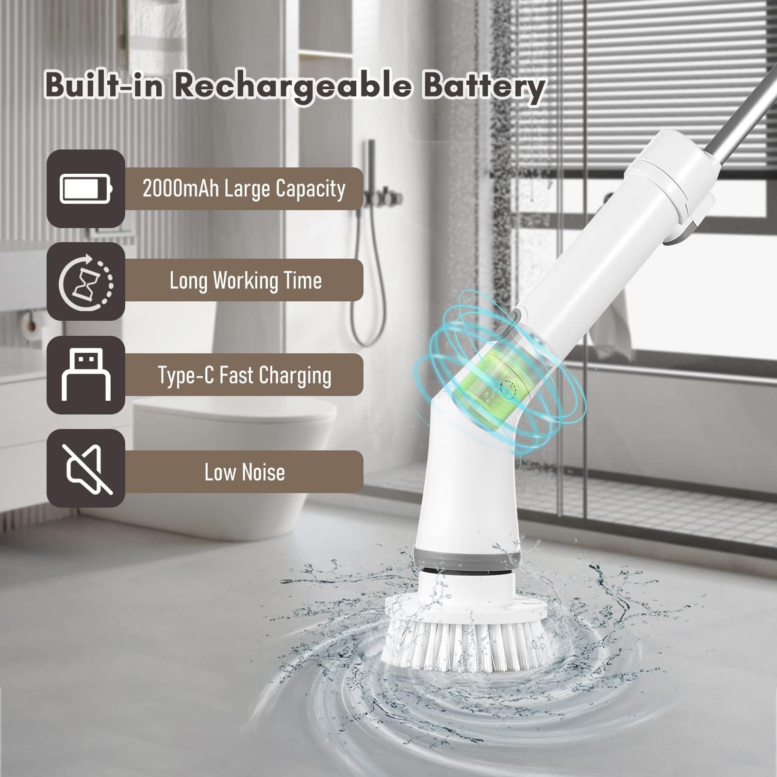 Limpiador Giratorio Eléctrico De Mano, Limpieza Eléctrica Inalámbrica, 2 Velocidades, Ajustable Con Varilla De Extensión, 6 Cabezales Brh Reemplazables For Baño, Bañera, Inodoro, Pared, Azulejo, Piso