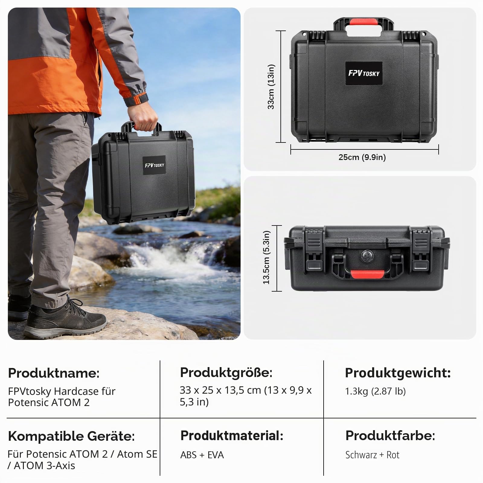 FPVtosky Hartschalenkoffer für Potensic Atom 2 / Atom Drohne, Aufbewahrungstasche für Atom/Atom 2/SE/3-Axis Fernbedienung, Batterien, Ladegerät und Zubehör (nur Koffer)