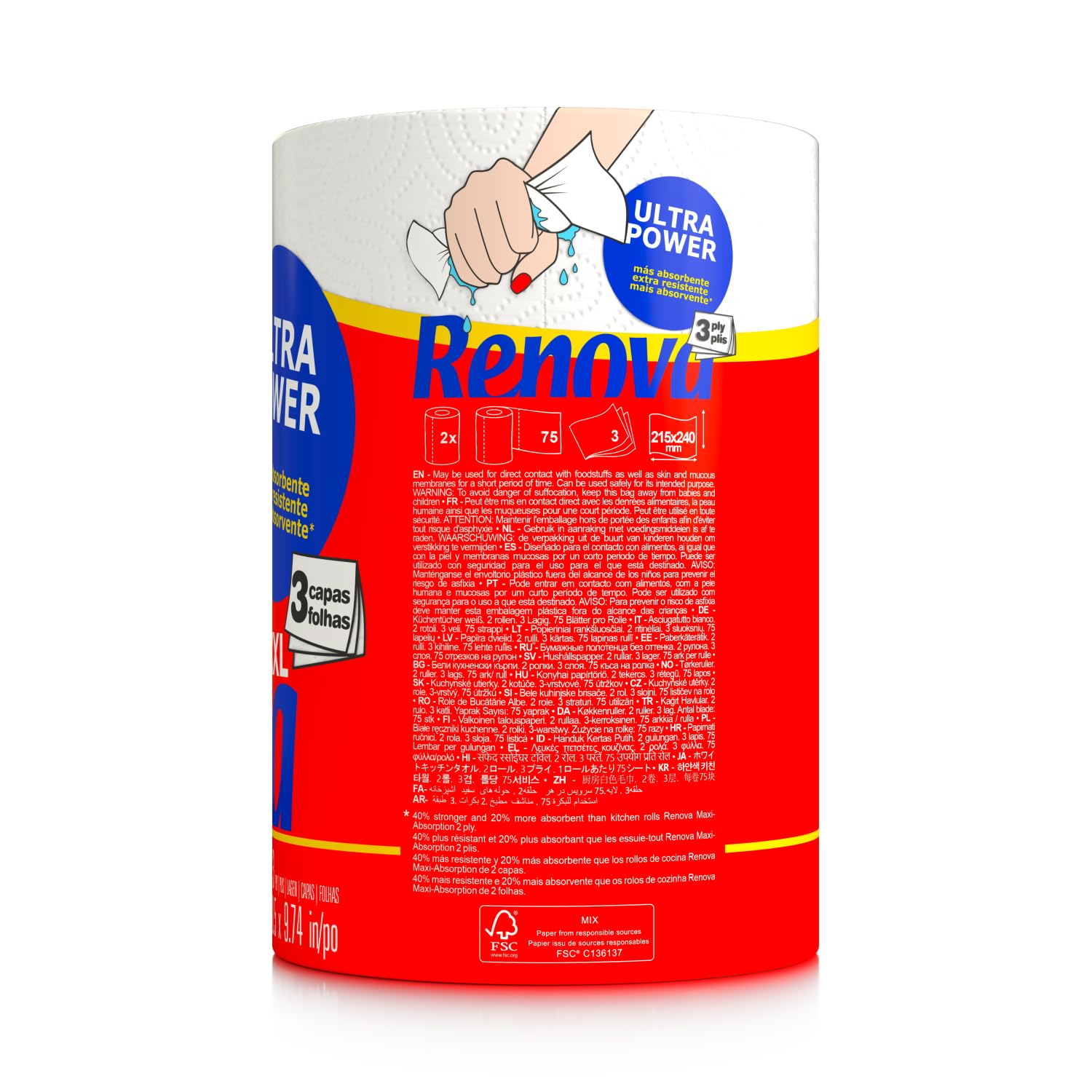 Renova Rollos de Cocina Renova UltraPower, 24 rollos XXL equivalentes a 60 rollos estándar, 3 capas absorbentes y con óptima resistencia, Papel Certificado FSC